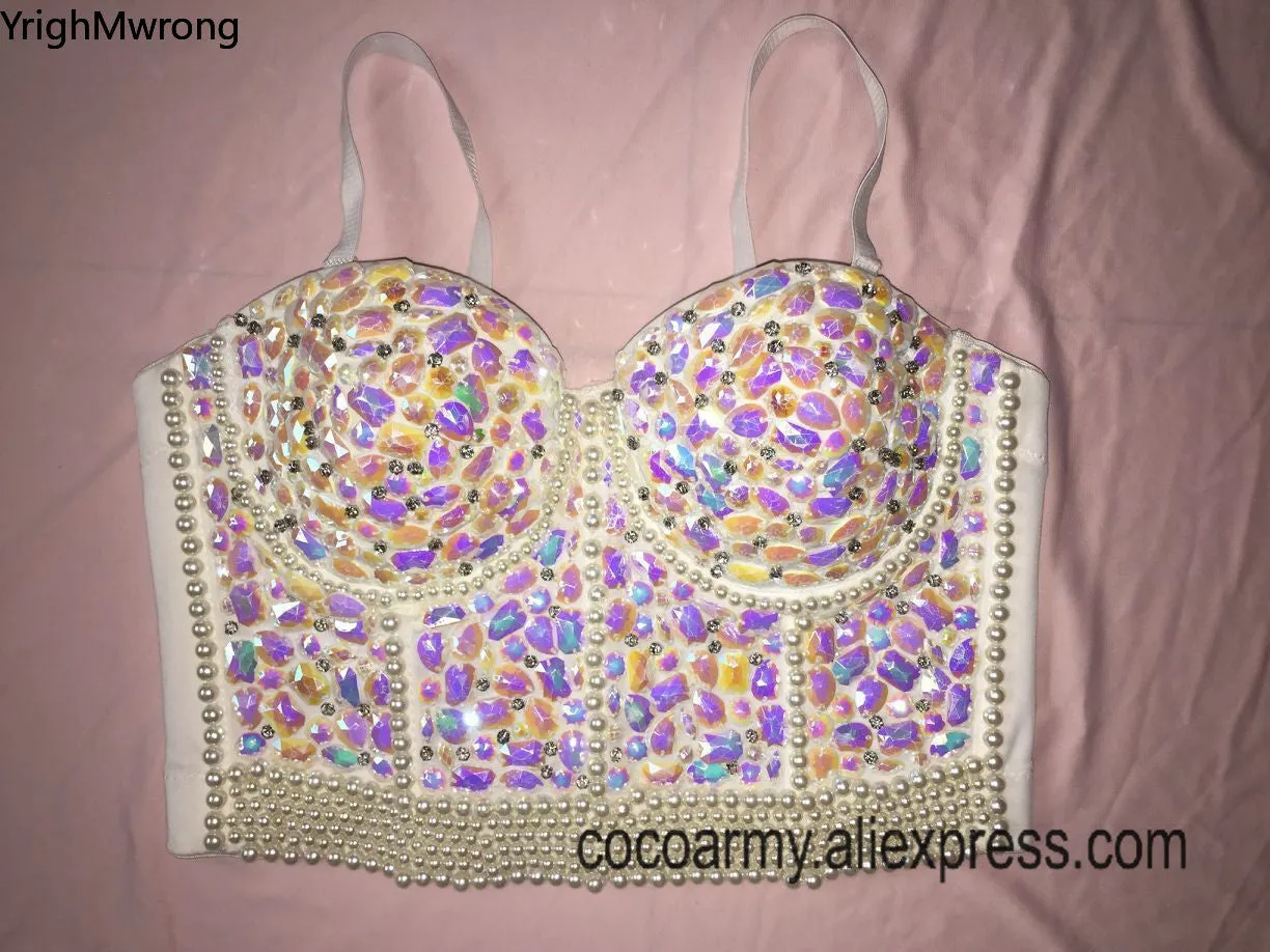Crystal Rhinestone Beading Diamond Rivet Pearl Push Up Bustier Crop Top Corset Tank Vest
