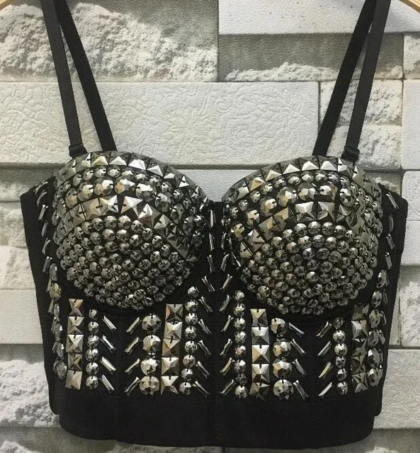 Crystal Rhinestone Beading Diamond Rivet Pearl Push Up Bustier Crop Top Corset Tank Vest