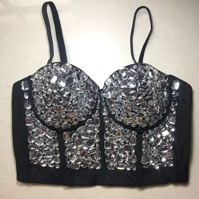 Crystal Rhinestone Beading Diamond Rivet Pearl Push Up Bustier Crop Top Corset Tank Vest