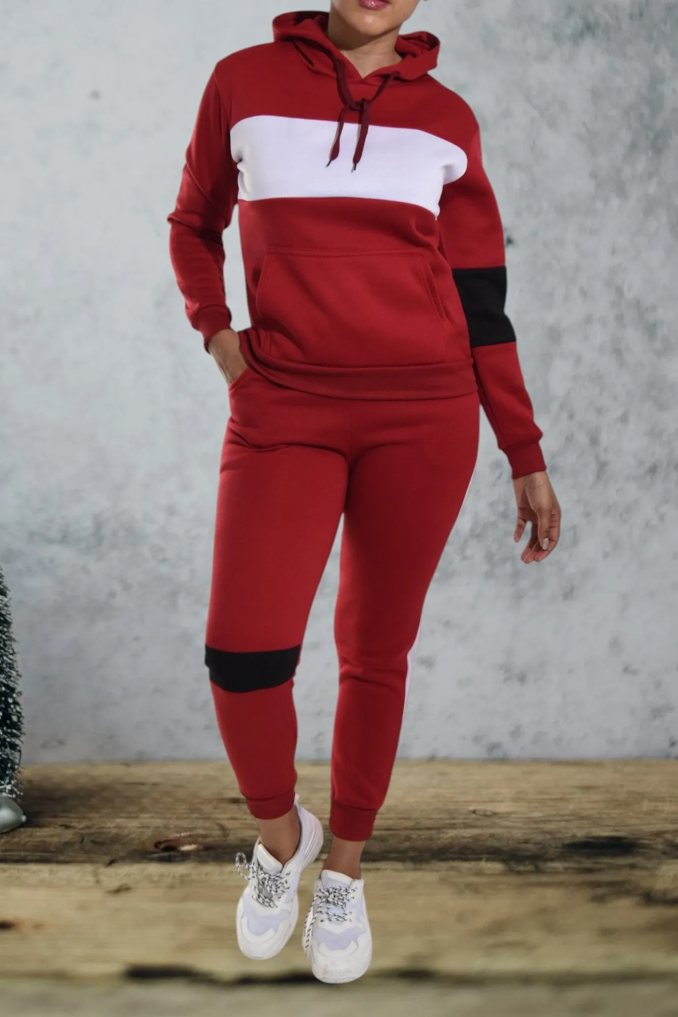 Cuffed Red Color Block Tracksuit Set