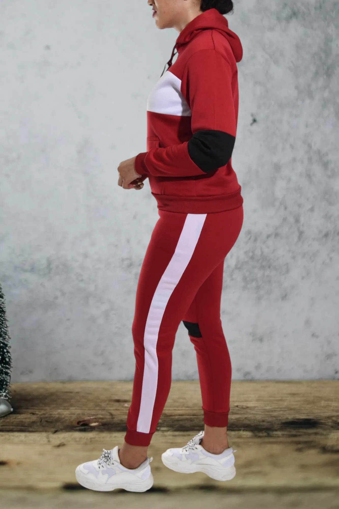 Cuffed Red Color Block Tracksuit Set