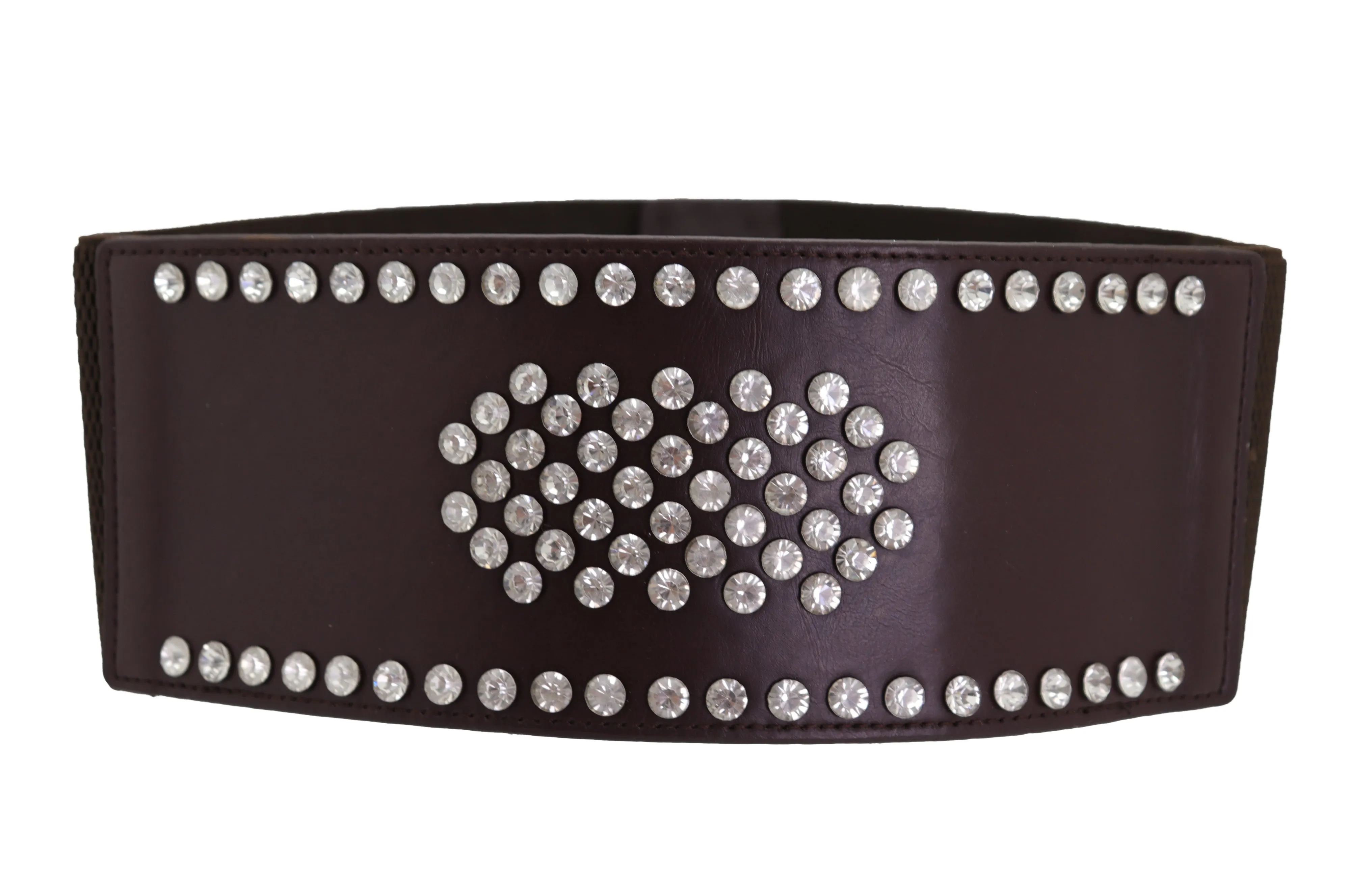 Dark Brown Elastic Wide Belt Hip High Waist Silver Bling Shield Size M L