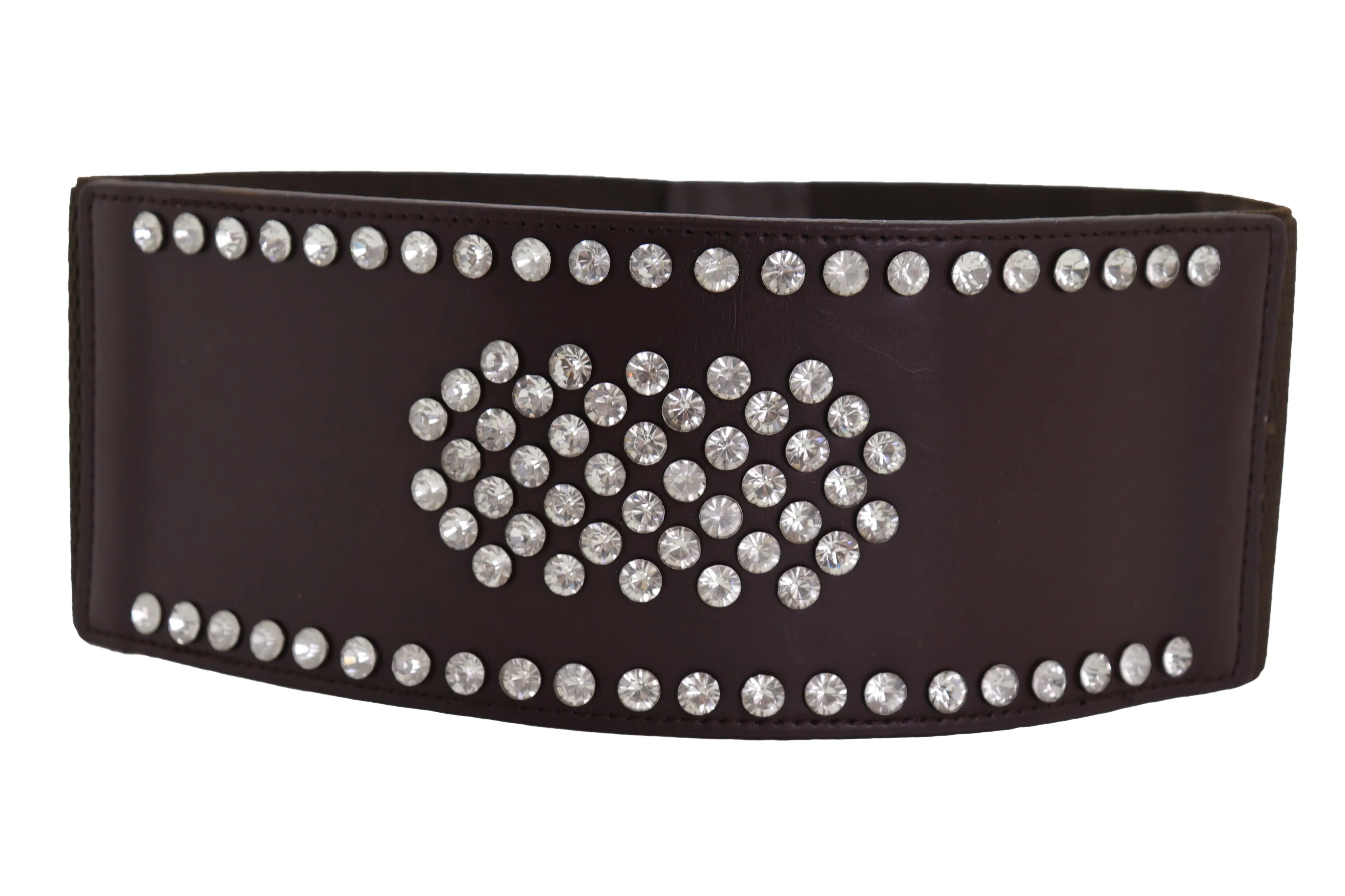 Dark Brown Elastic Wide Belt Hip High Waist Silver Bling Shield Size M L