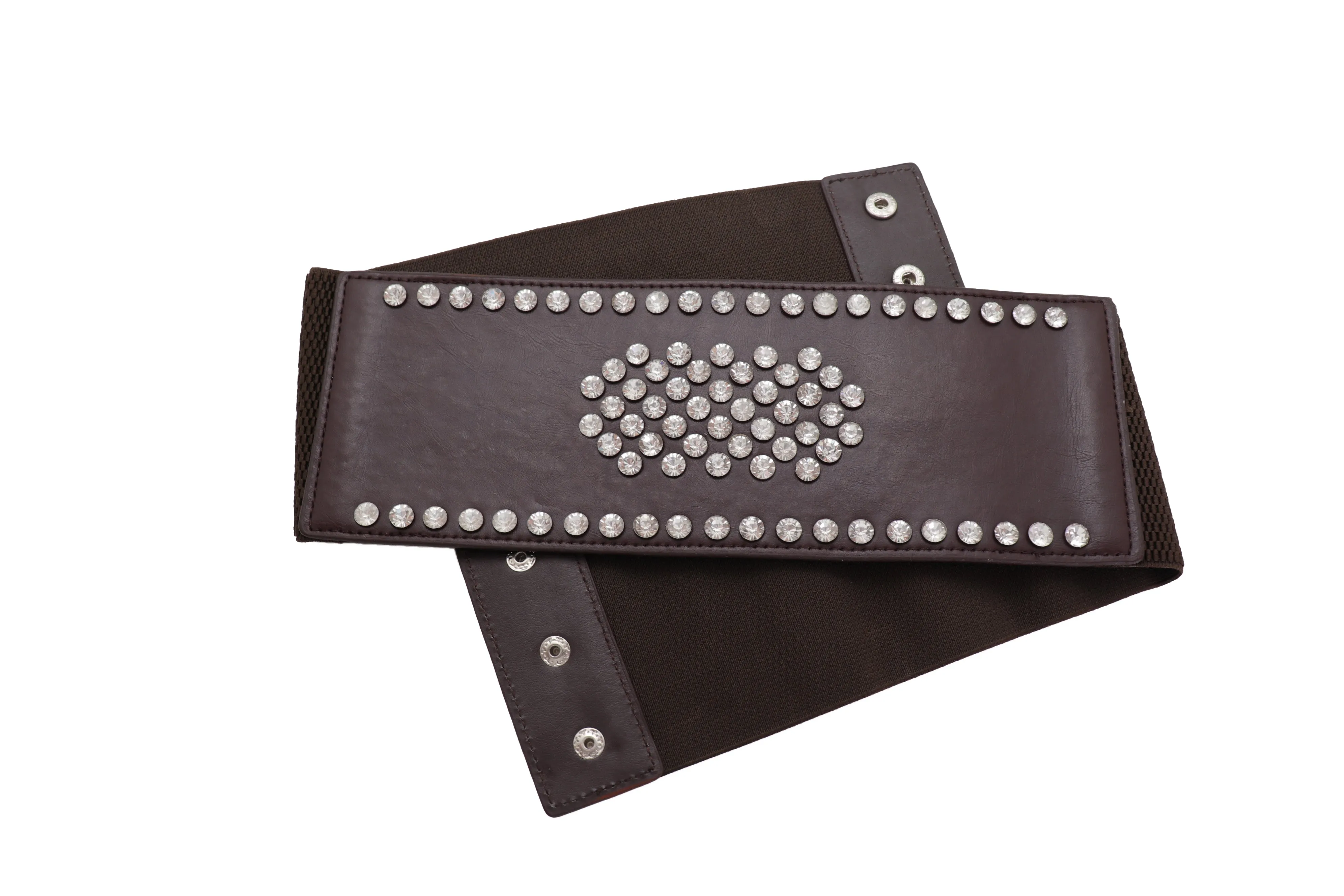 Dark Brown Elastic Wide Belt Hip High Waist Silver Bling Shield Size M L