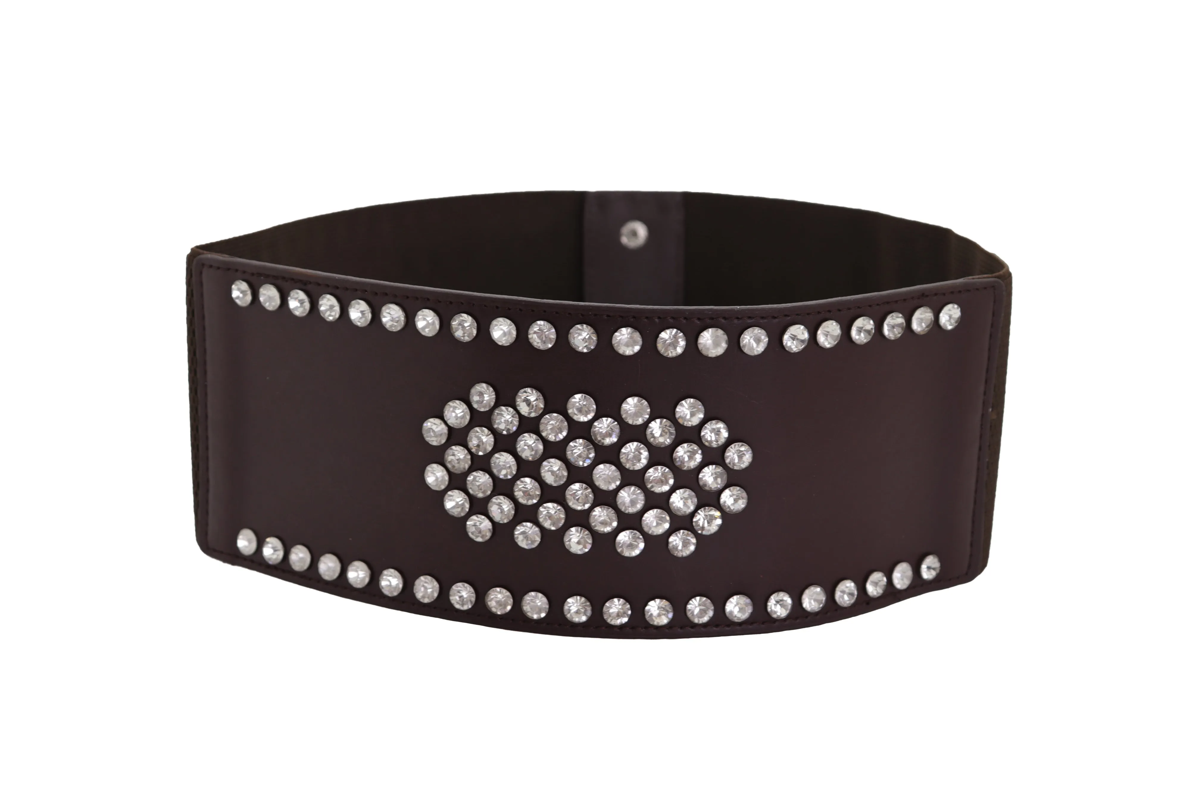 Dark Brown Elastic Wide Belt Hip High Waist Silver Bling Shield Size M L