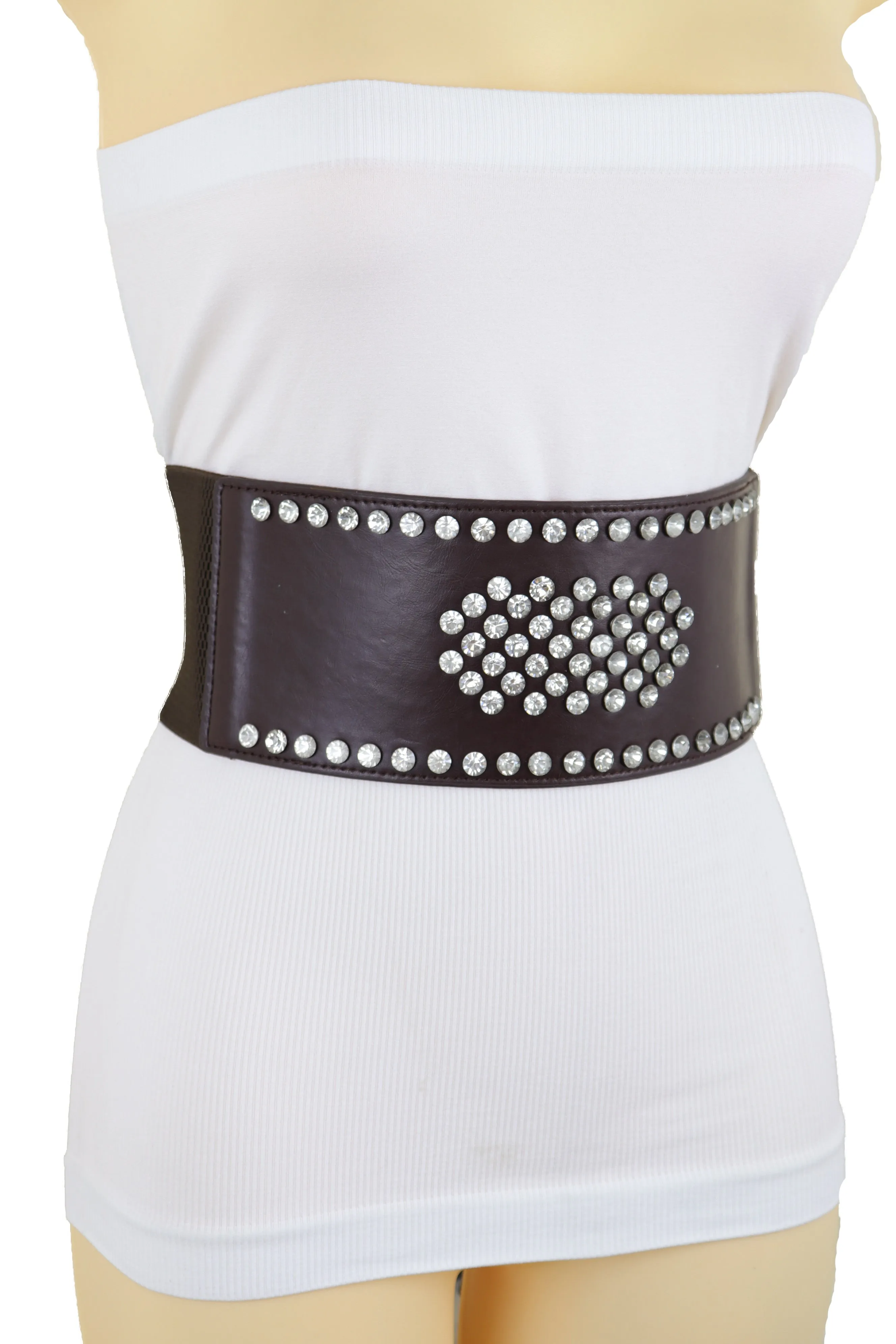 Dark Brown Elastic Wide Belt Hip High Waist Silver Bling Shield Size M L