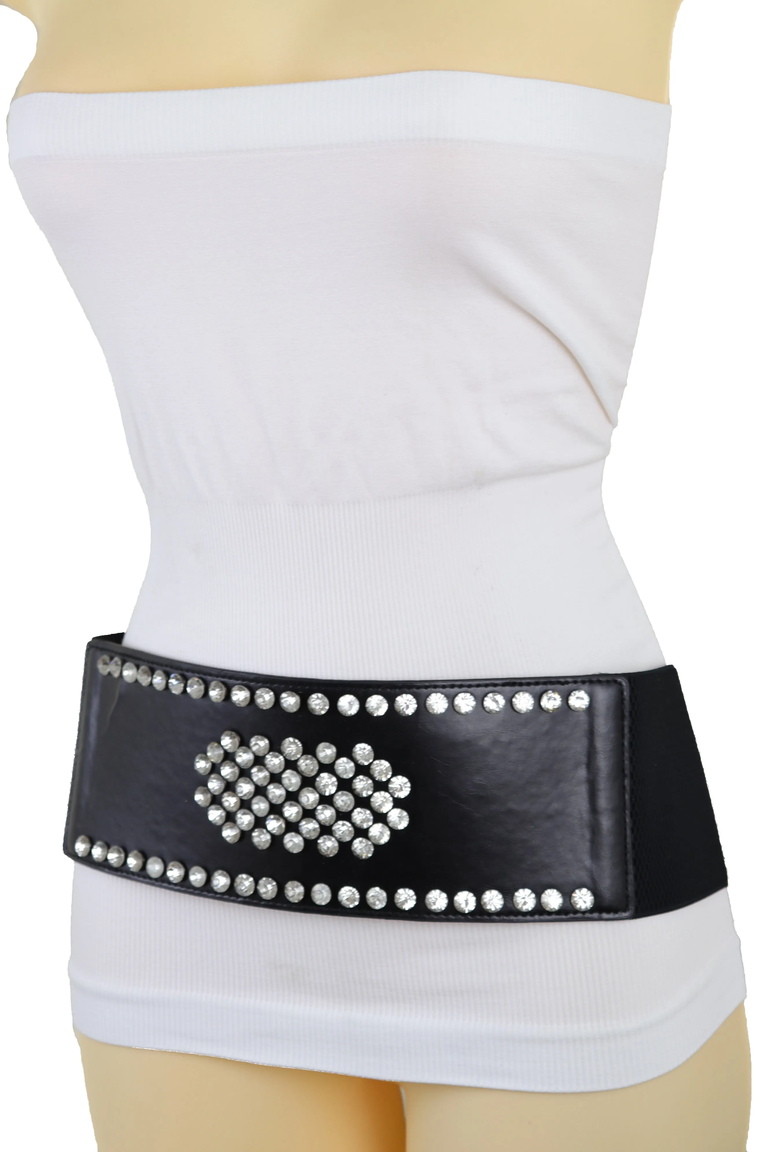 Dark Brown Elastic Wide Belt Hip High Waist Silver Bling Shield Size M L