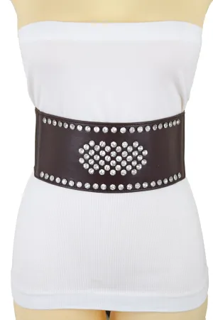Dark Brown Elastic Wide Belt Hip High Waist Silver Bling Shield Size M L