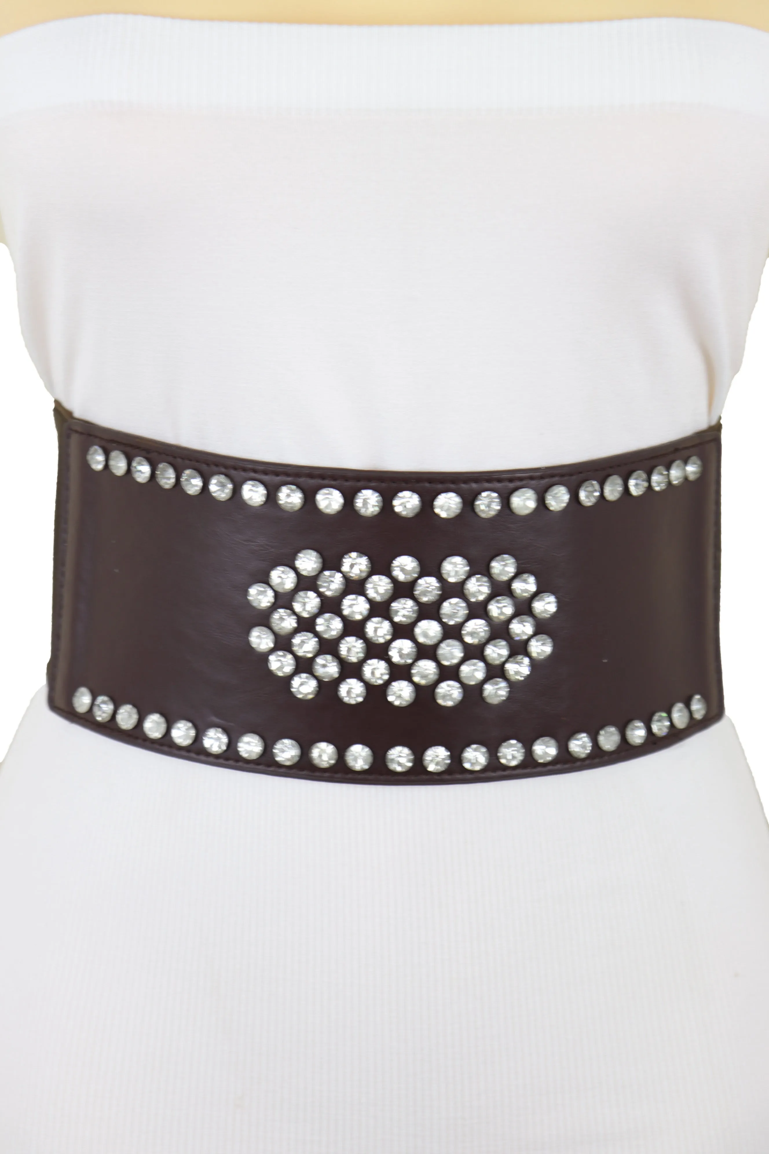 Dark Brown Elastic Wide Belt Hip High Waist Silver Bling Shield Size M L