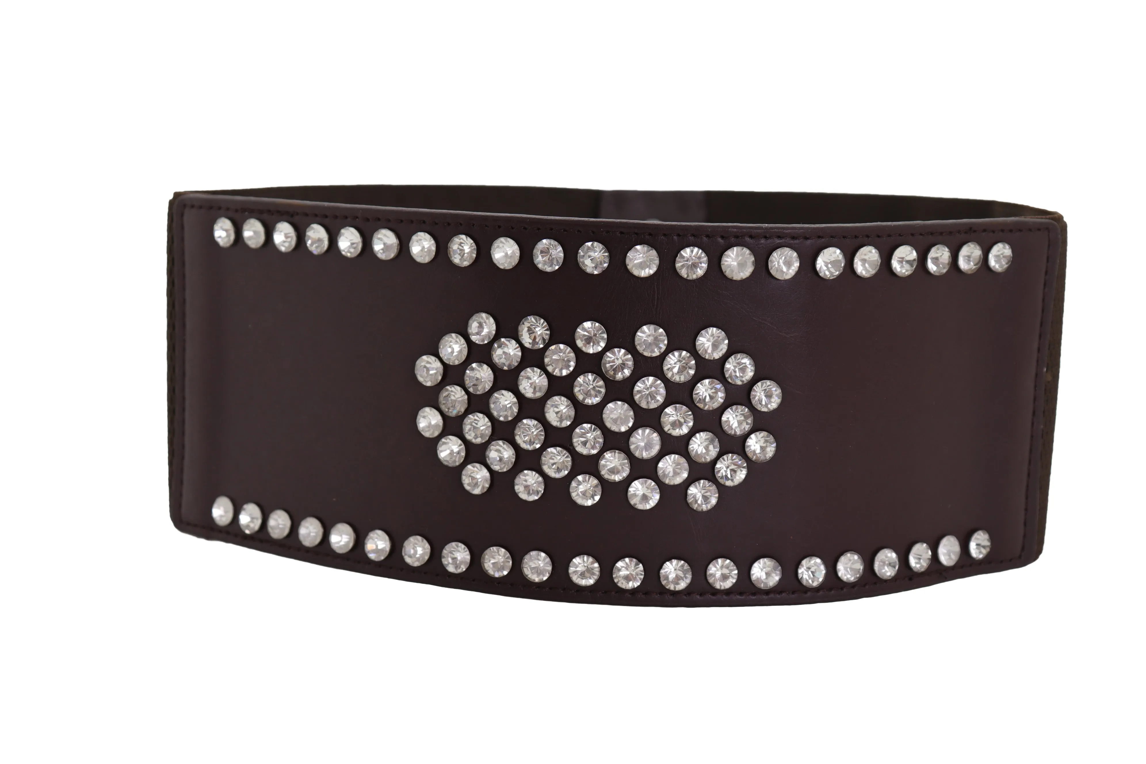 Dark Brown Elastic Wide Belt Hip High Waist Silver Bling Shield Size M L