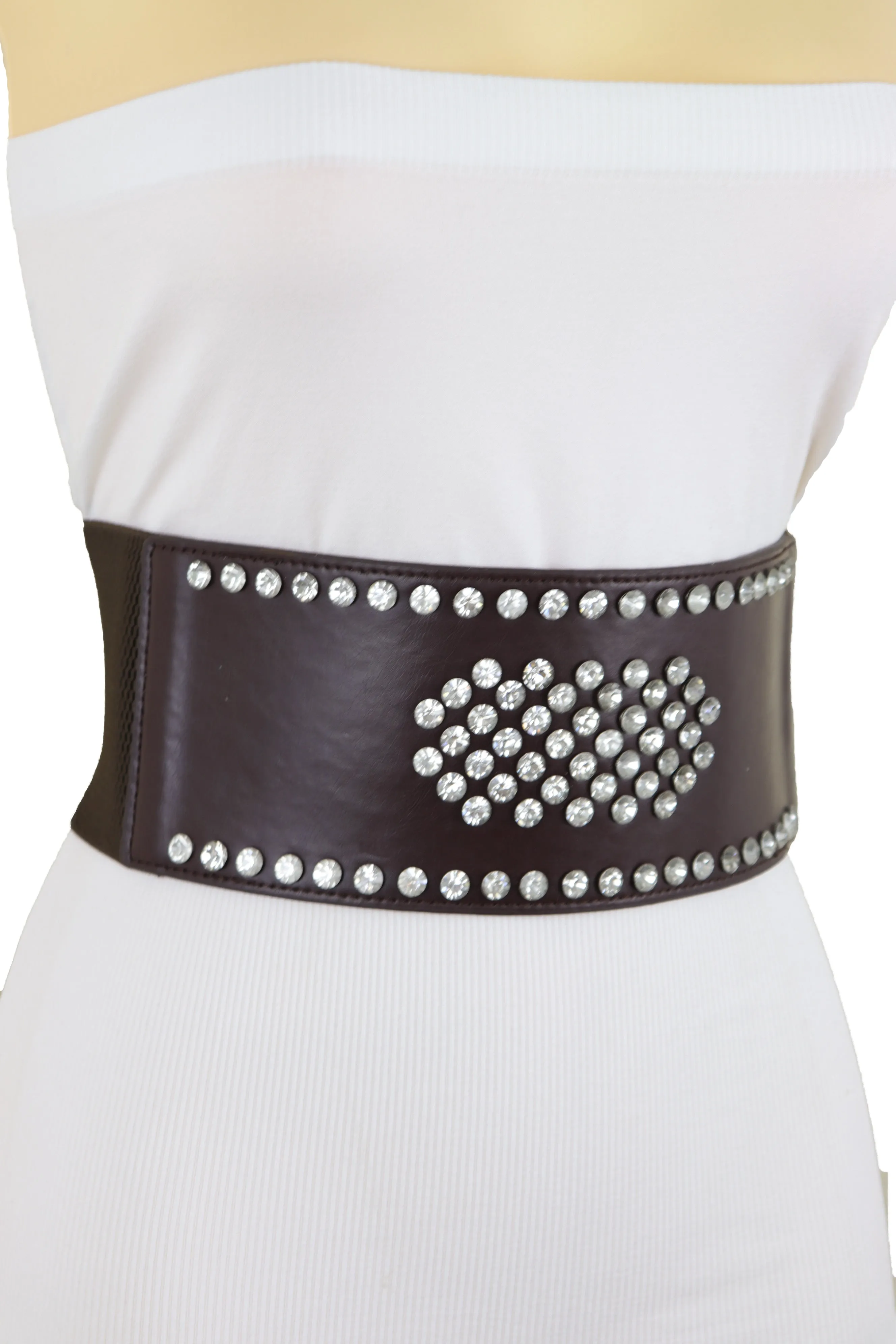Dark Brown Elastic Wide Belt Hip High Waist Silver Bling Shield Size M L