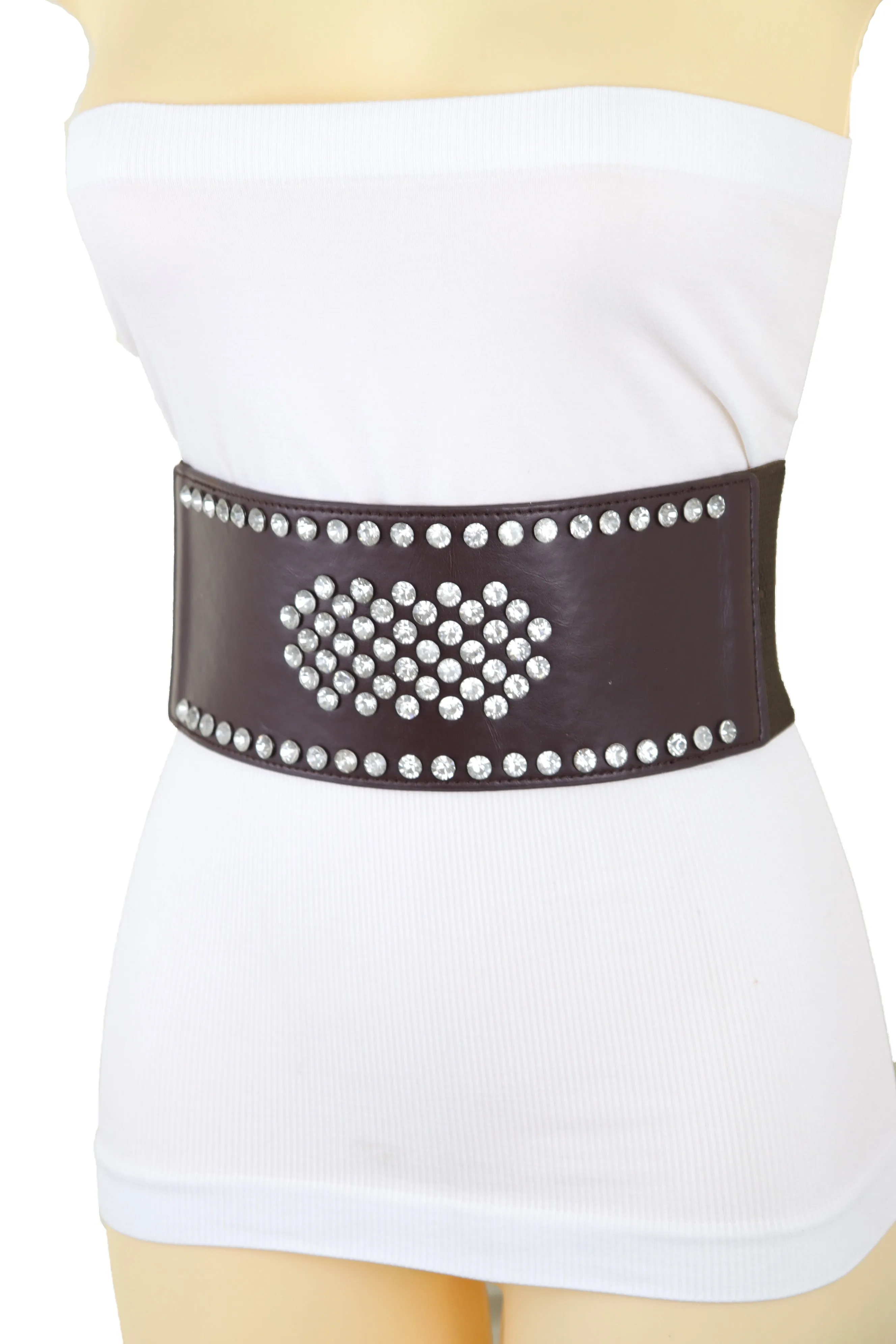 Dark Brown Elastic Wide Belt Hip High Waist Silver Bling Shield Size M L