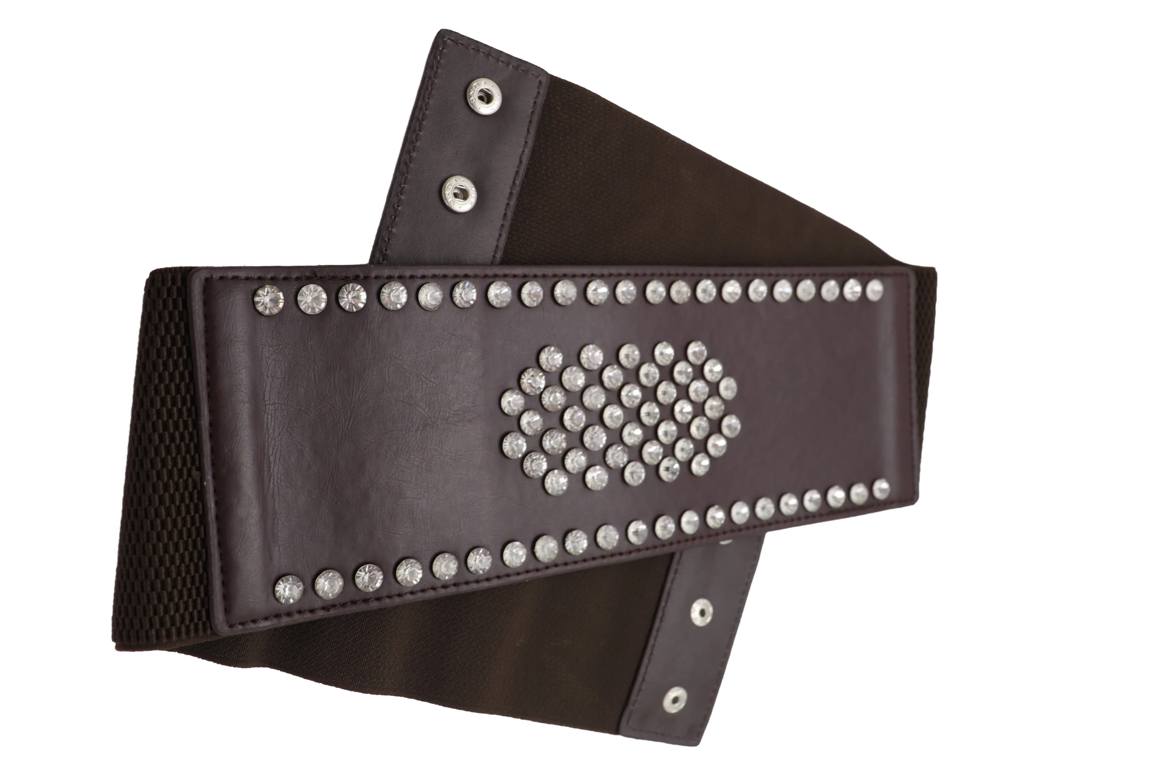 Dark Brown Elastic Wide Belt Hip High Waist Silver Bling Shield Size M L