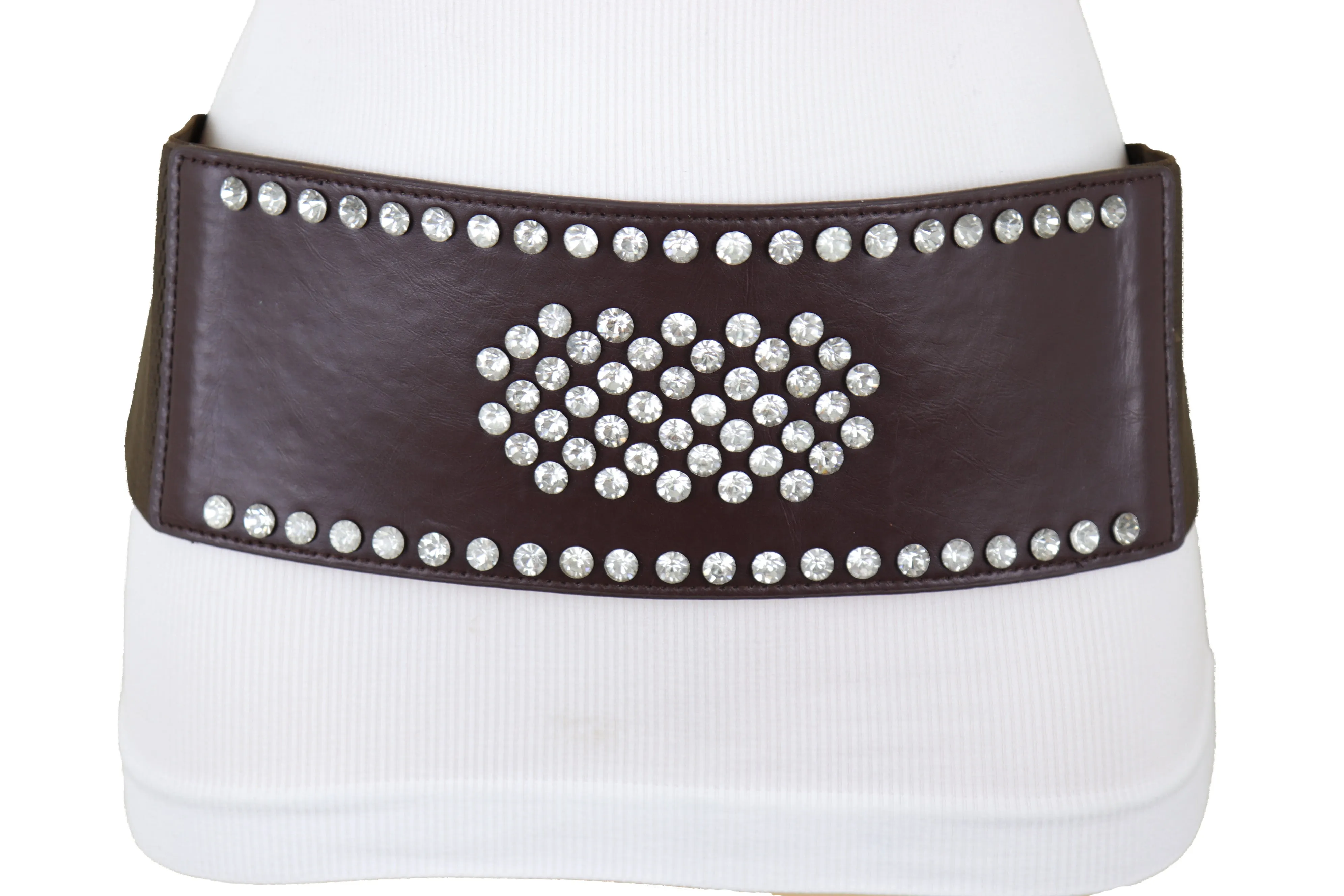 Dark Brown Elastic Wide Belt Hip High Waist Silver Bling Shield Size M L