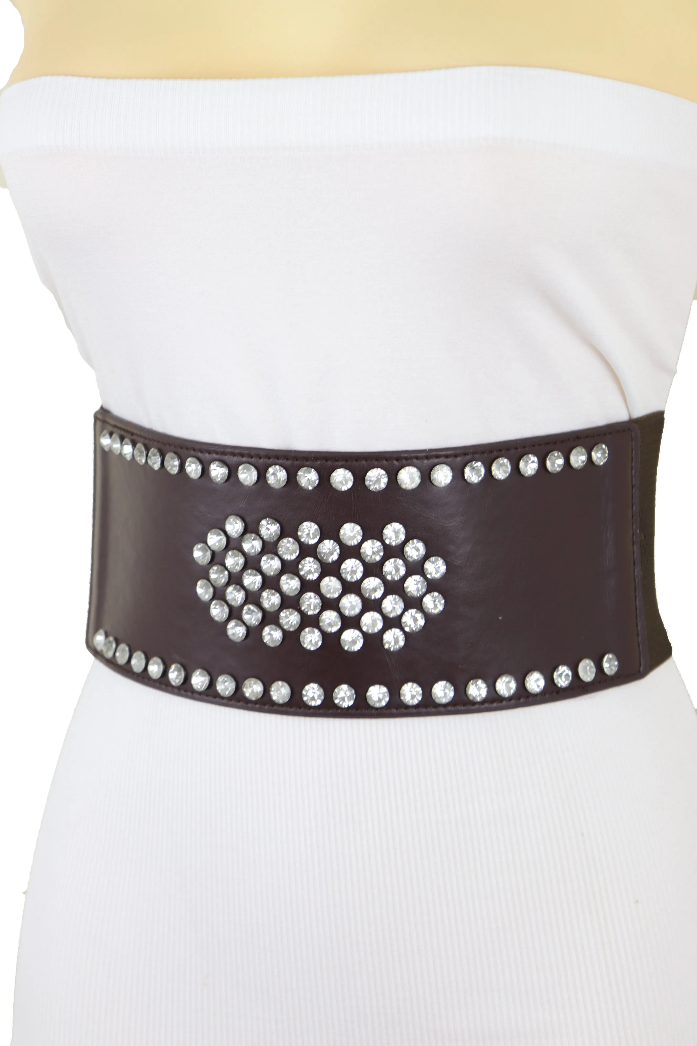 Dark Brown Elastic Wide Belt Hip High Waist Silver Bling Shield Size M L