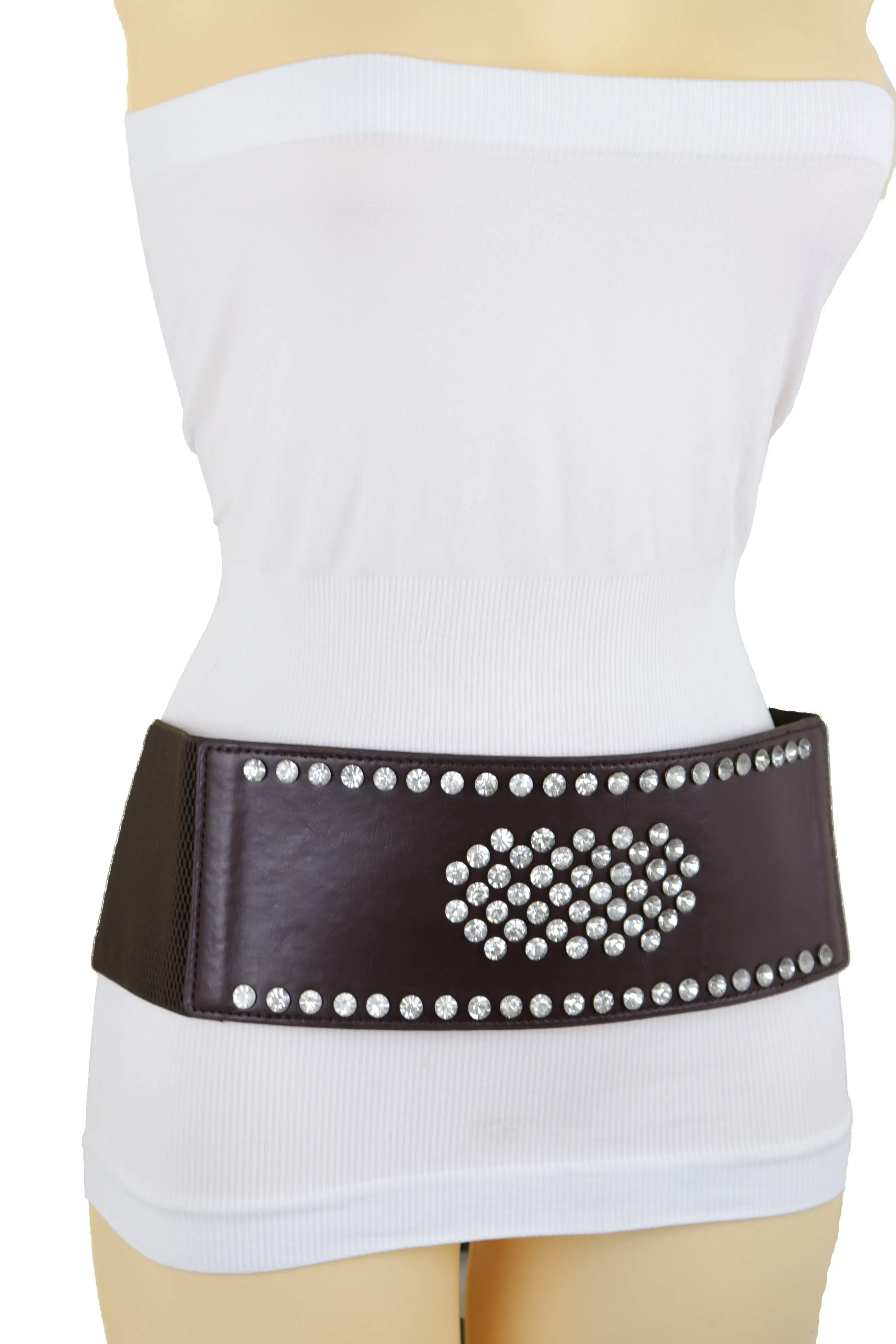 Dark Brown Elastic Wide Belt Hip High Waist Silver Bling Shield Size M L