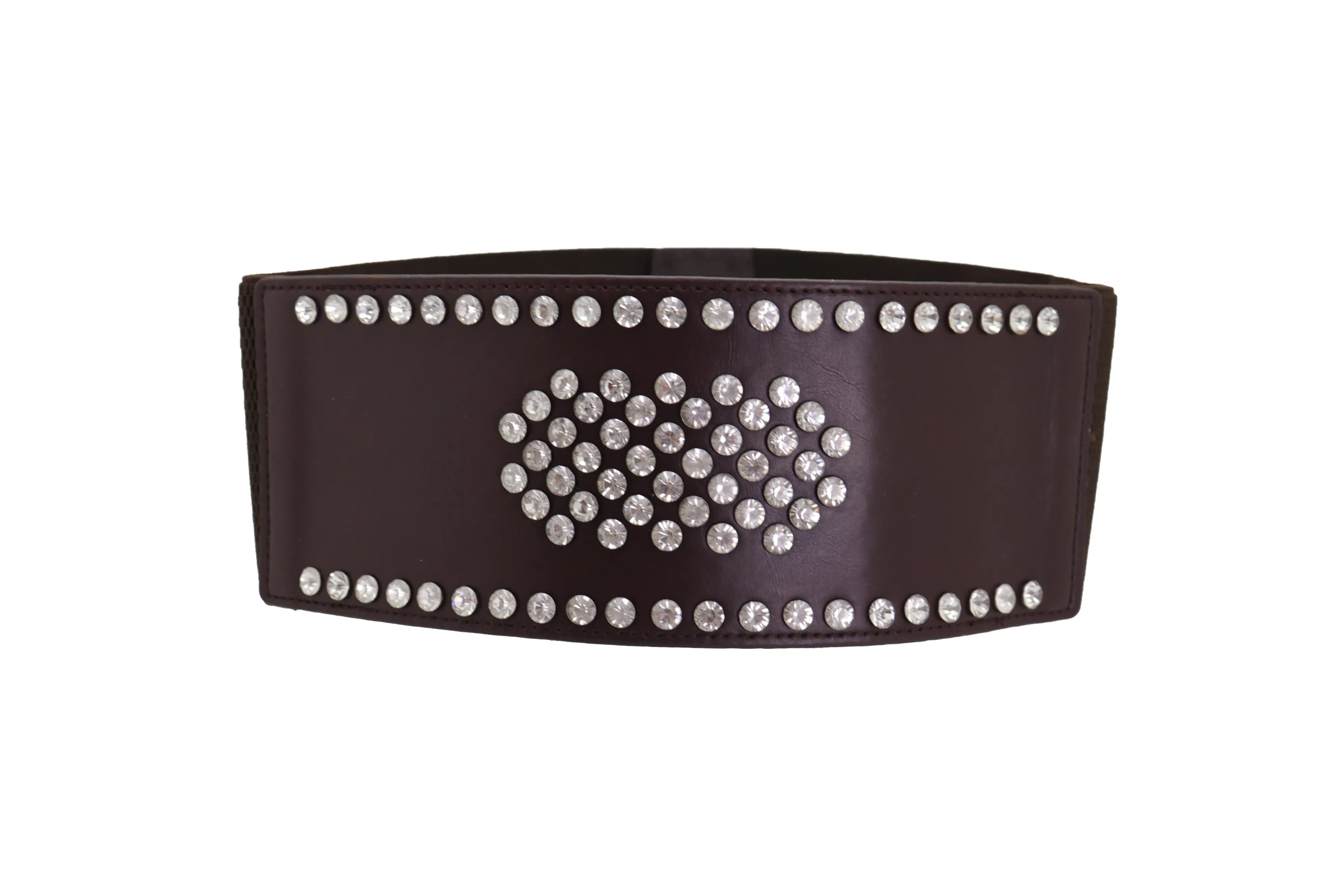 Dark Brown Elastic Wide Belt Hip High Waist Silver Bling Shield Size M L