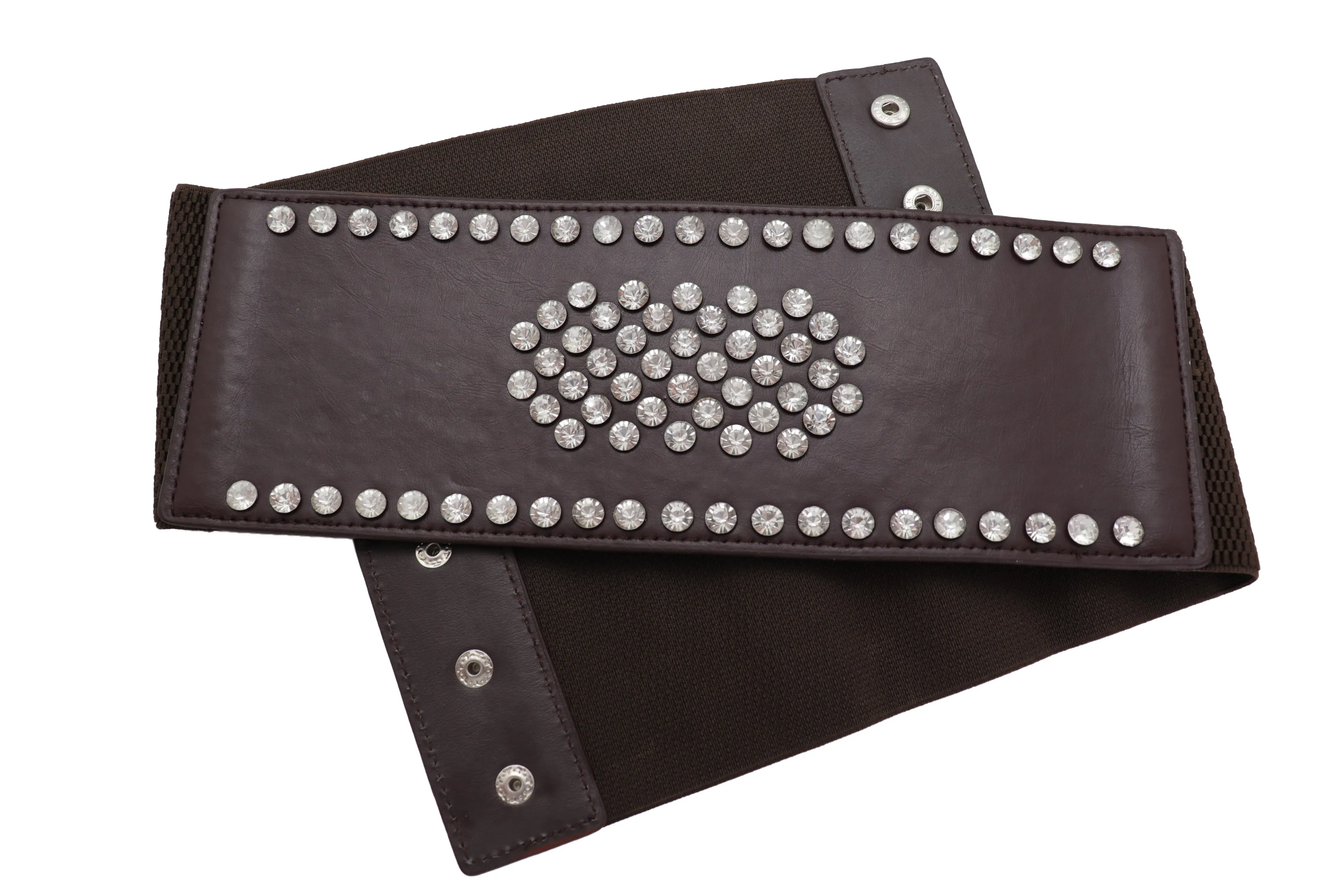 Dark Brown Elastic Wide Belt Hip High Waist Silver Bling Shield Size M L