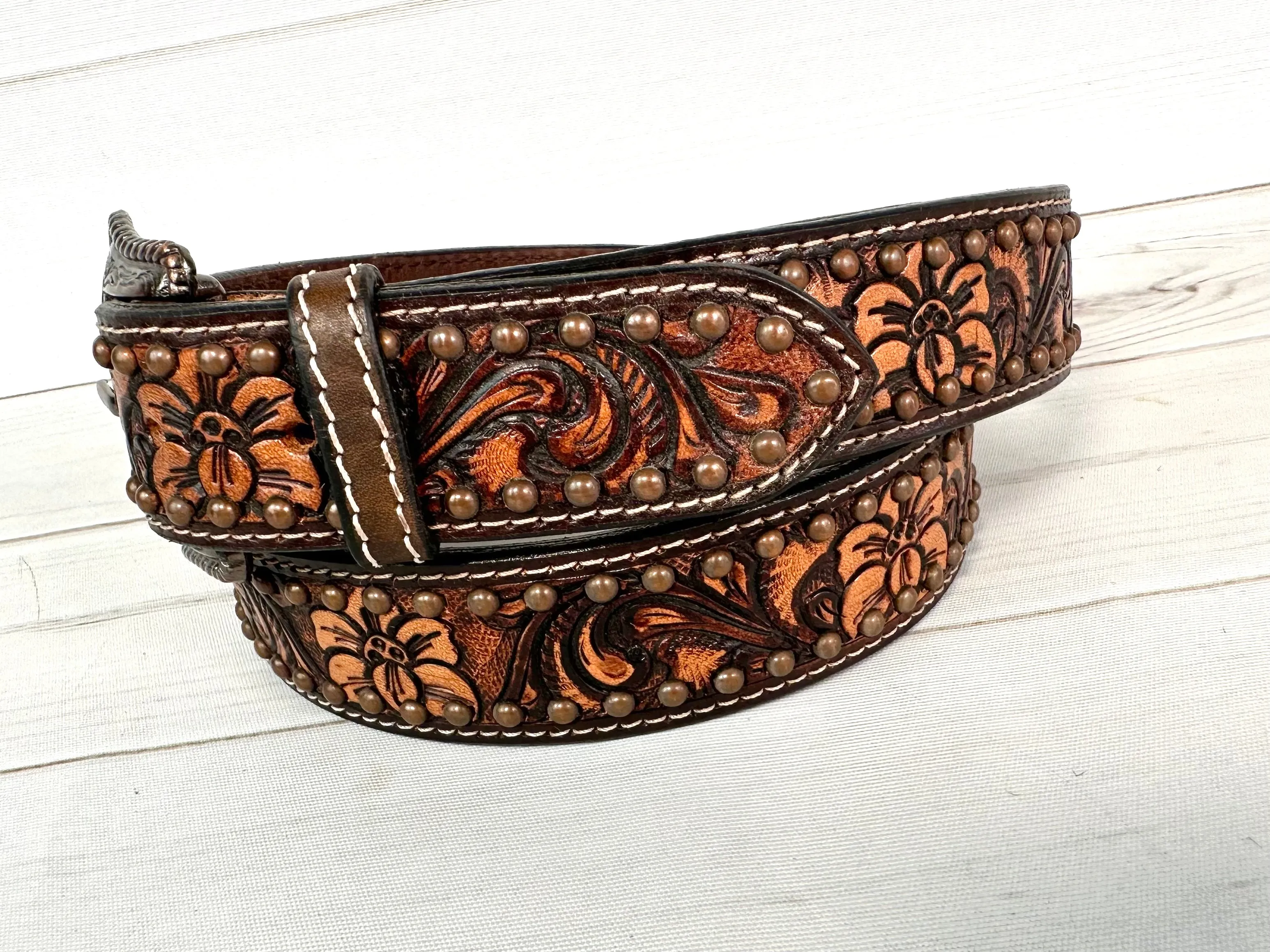 Dark Floral Tooled Studded Western Belt