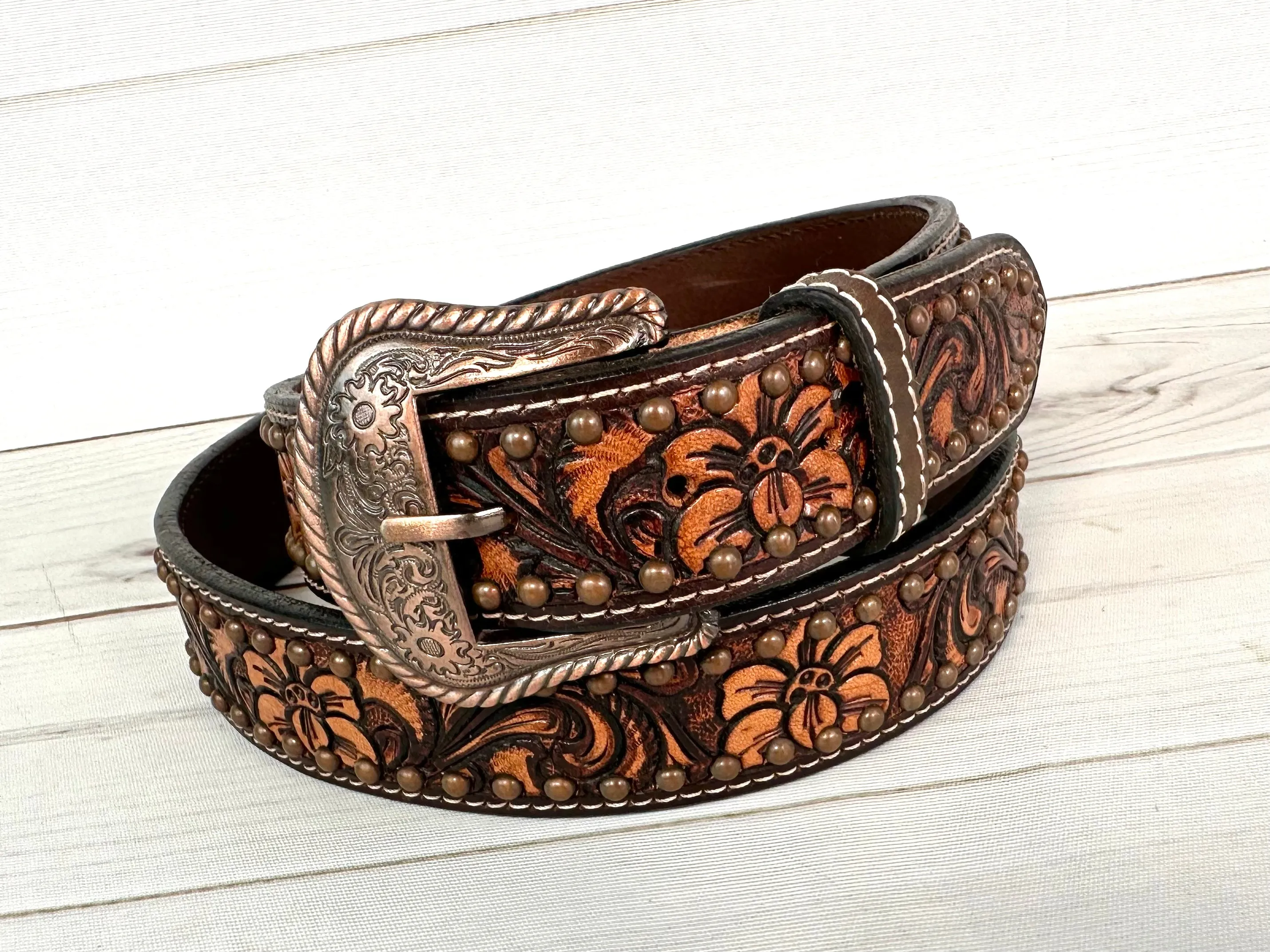 Dark Floral Tooled Studded Western Belt
