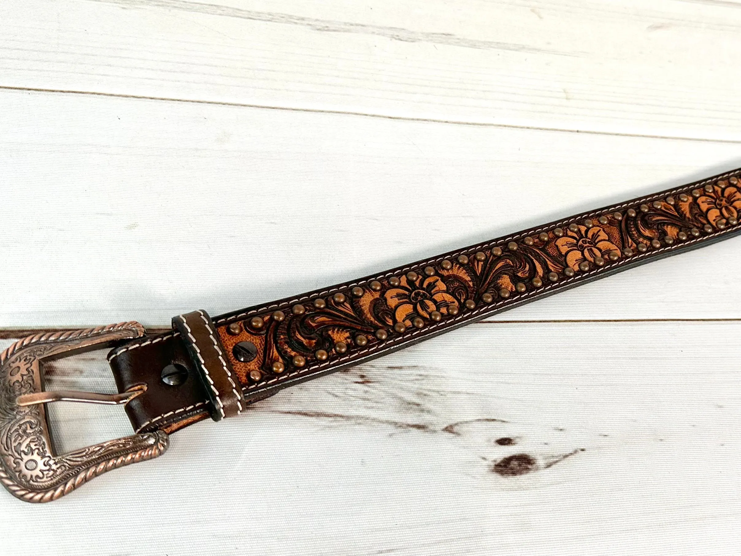 Dark Floral Tooled Studded Western Belt