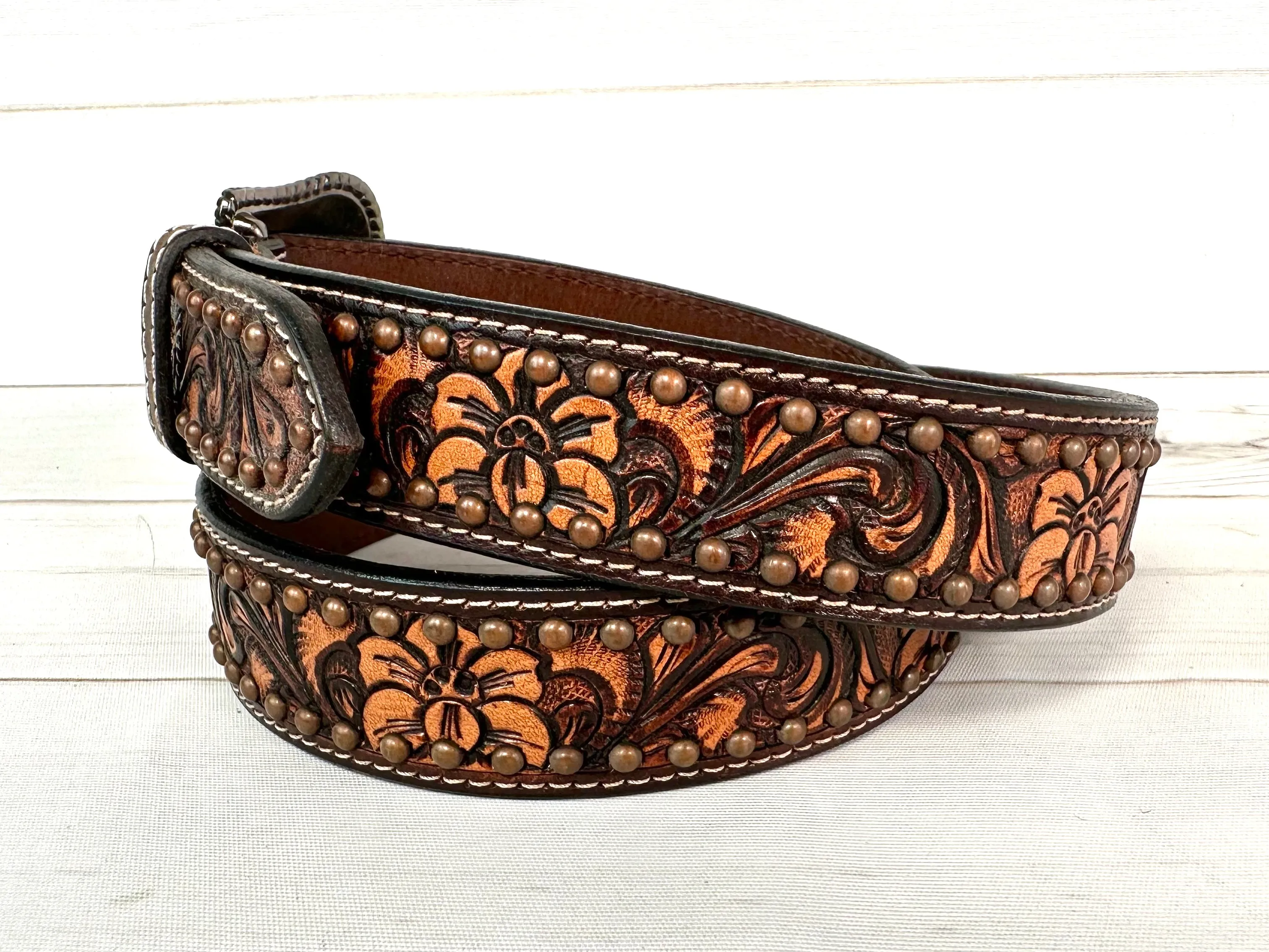Dark Floral Tooled Studded Western Belt