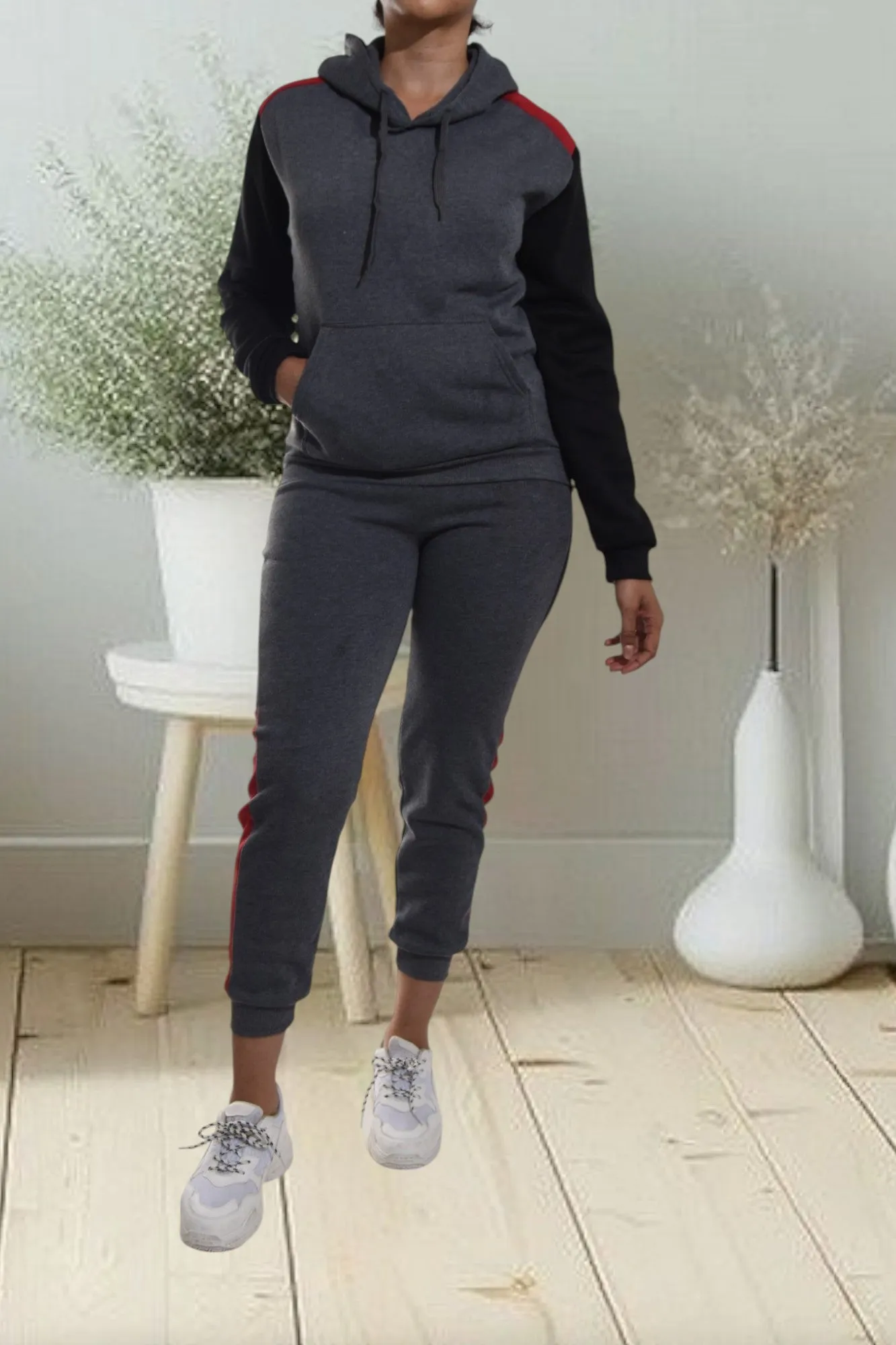 Dark Grey Color Block Sleeve Tracksuit Set