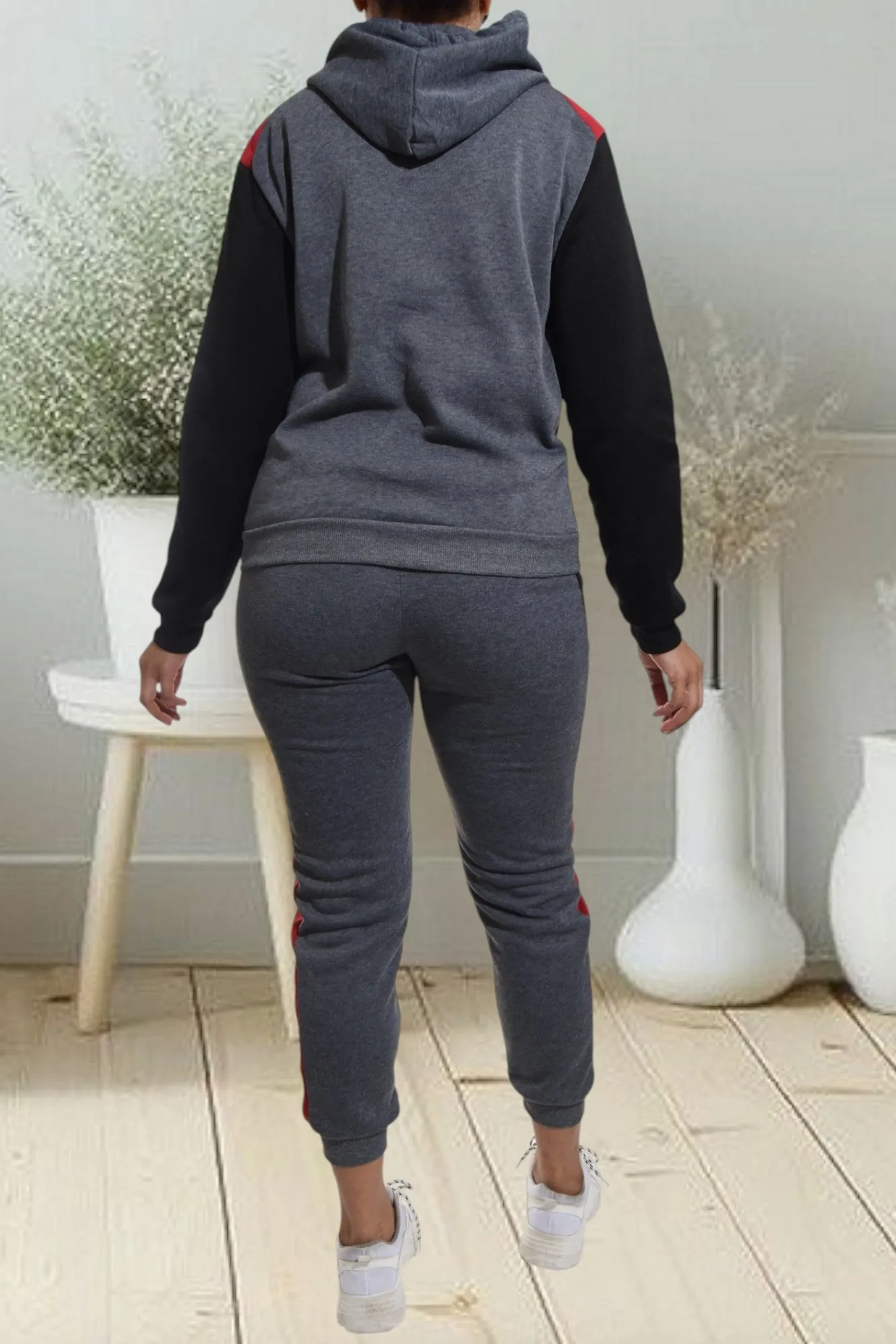 Dark Grey Color Block Sleeve Tracksuit Set