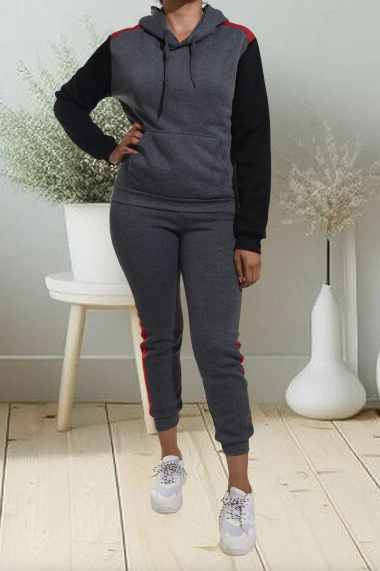 Dark Grey Color Block Sleeve Tracksuit Set