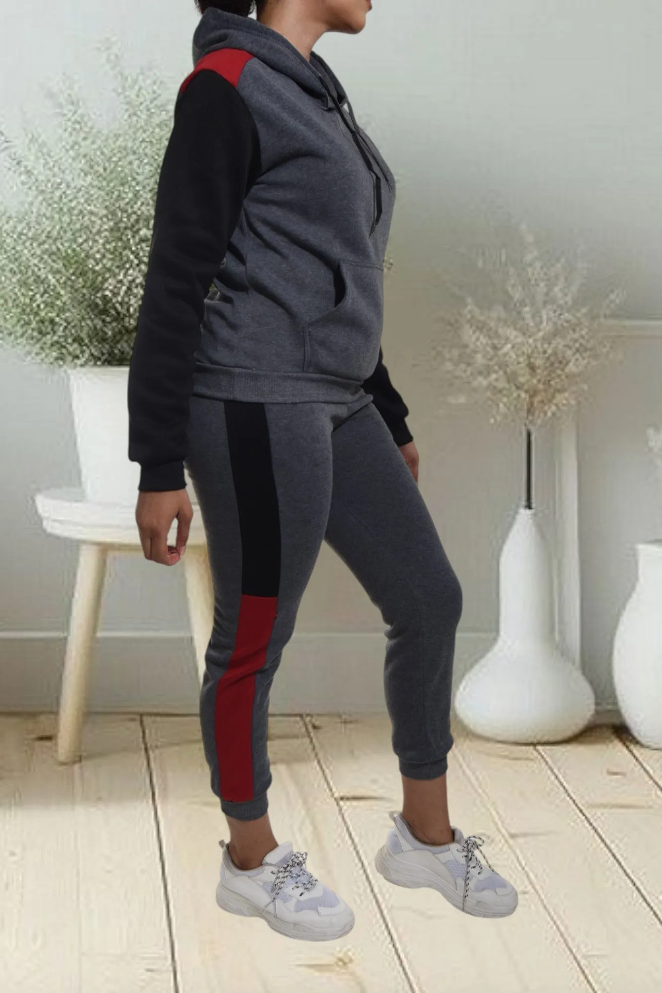Dark Grey Color Block Sleeve Tracksuit Set