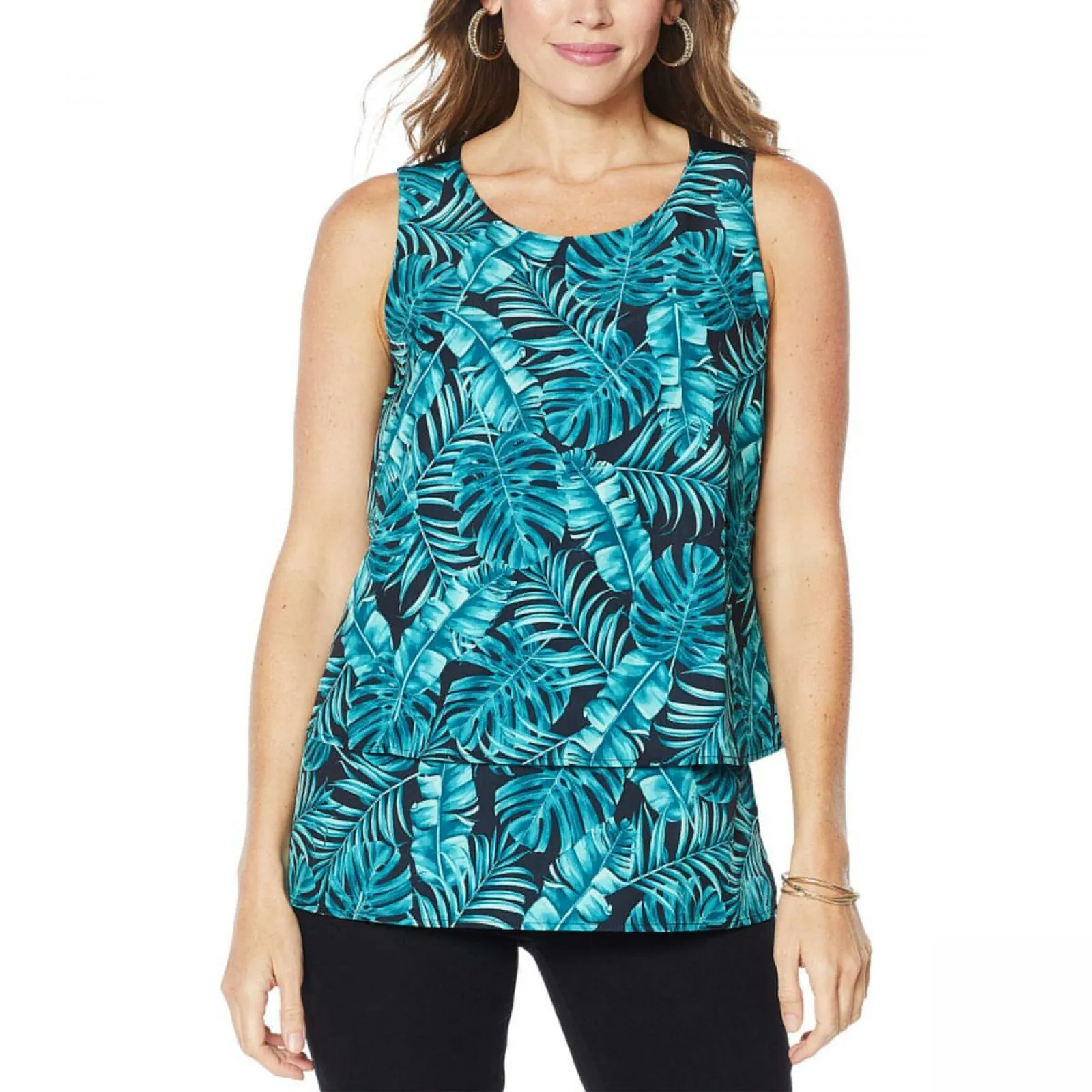 DG2 by Diane Gilman Women's Printed Media Easy Tank Top Palm Leaf Large