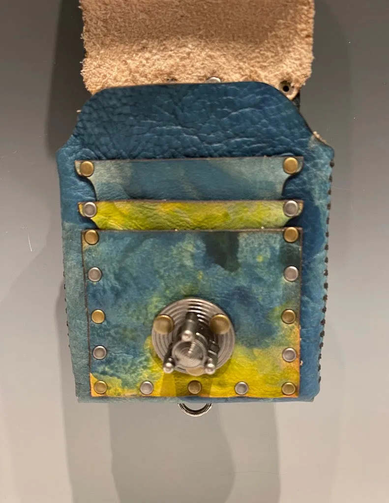 Distressed Blue and Yellow Leather Cell Phone Case with Silver Closure MMP6