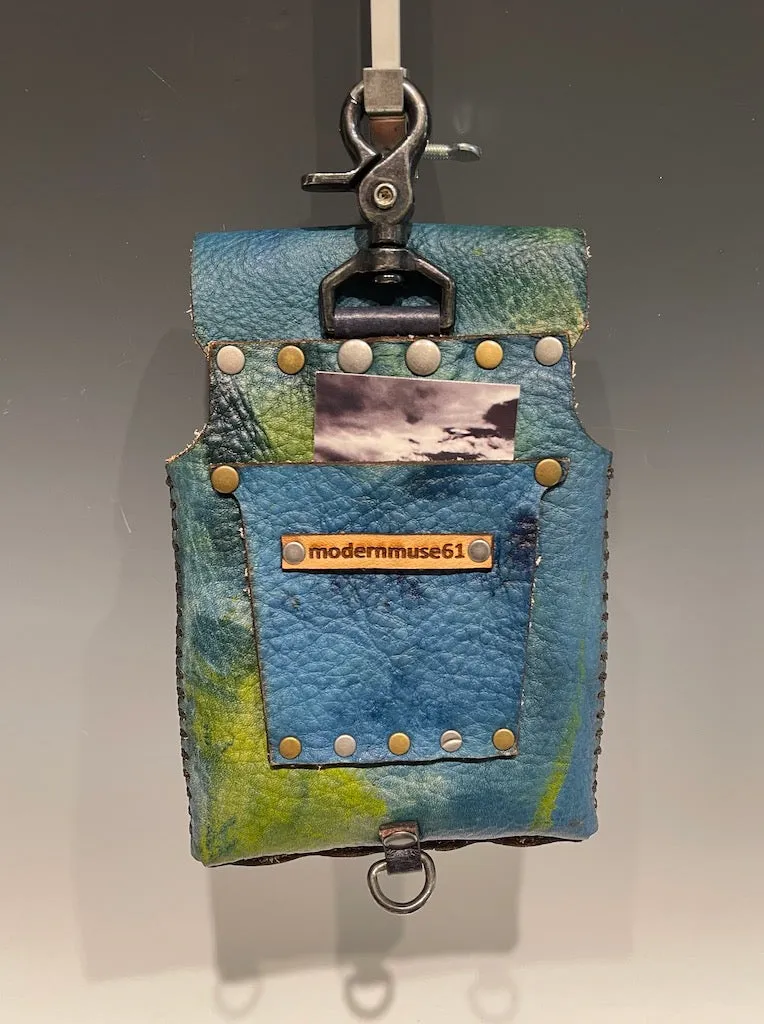 Distressed Blue and Yellow Leather Cell Phone Case with Silver Closure MMP6
