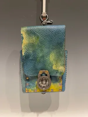 Distressed Blue and Yellow Leather Cell Phone Case with Silver Closure MMP6