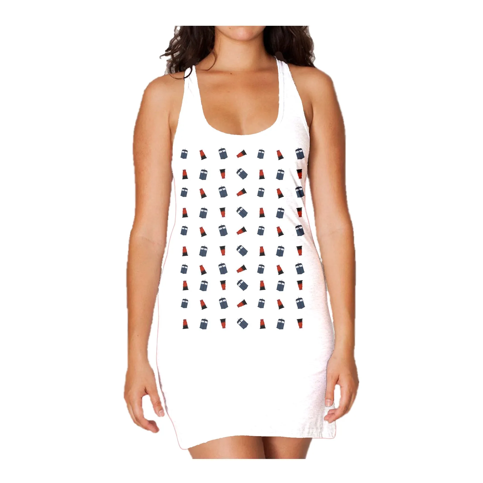 Doctor Who Pattern Tardis Dalek Official Women's Long Tank Dress (White)