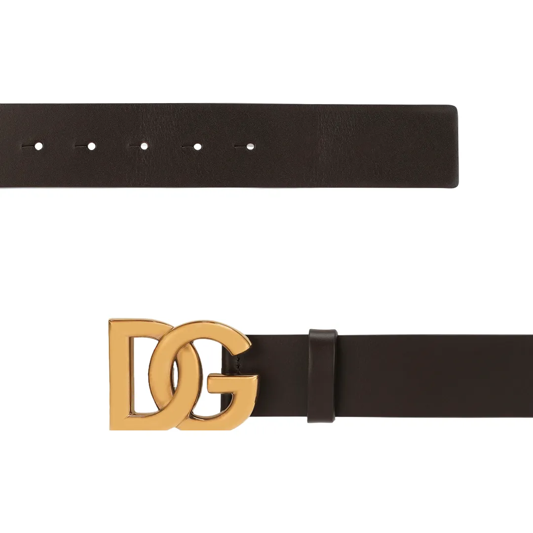 DOLCE & GABBANA LUX LEATHER BELT CROSSOVER LOGO GOLD/DARK BROWN