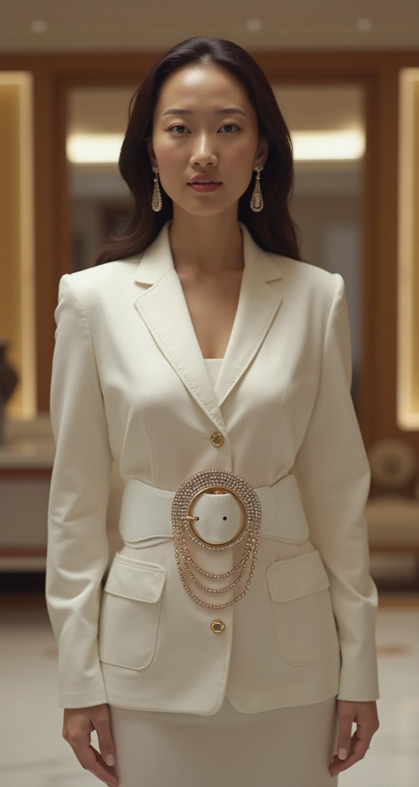 Elastic Winter White Color Fashion Wide Belt Gold Round Buckle Size S M