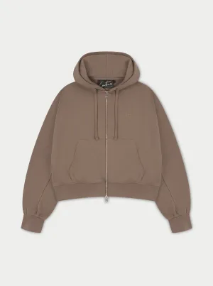 EMBLEM ZIP THROUGH RELAXED HOODIE - BROWN