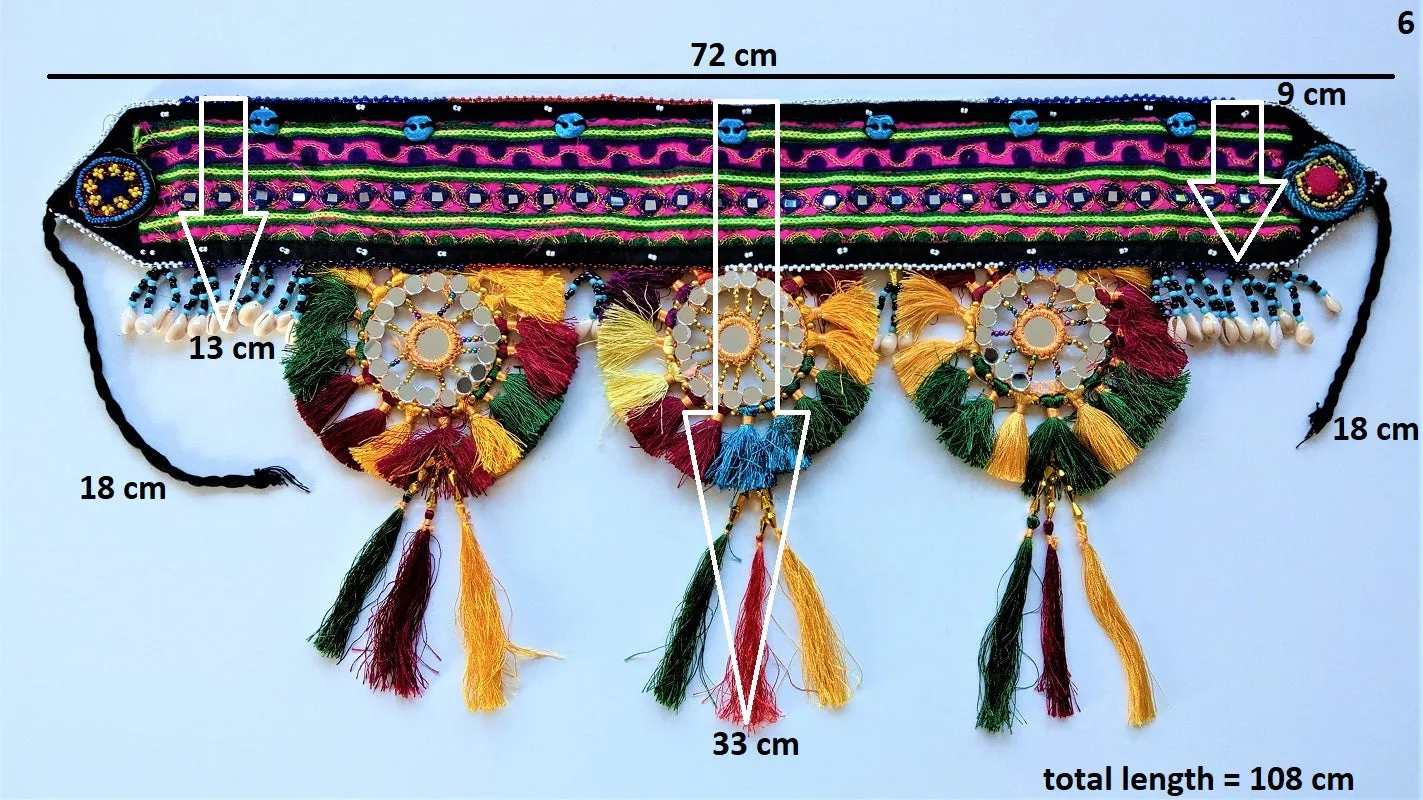 Embroidered Kuchi tassel belt with natural cowrie shells, colorful sun medallions and tribal tassels