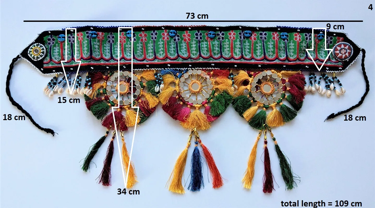 Embroidered Kuchi tassel belt with natural cowrie shells, colorful sun medallions and tribal tassels