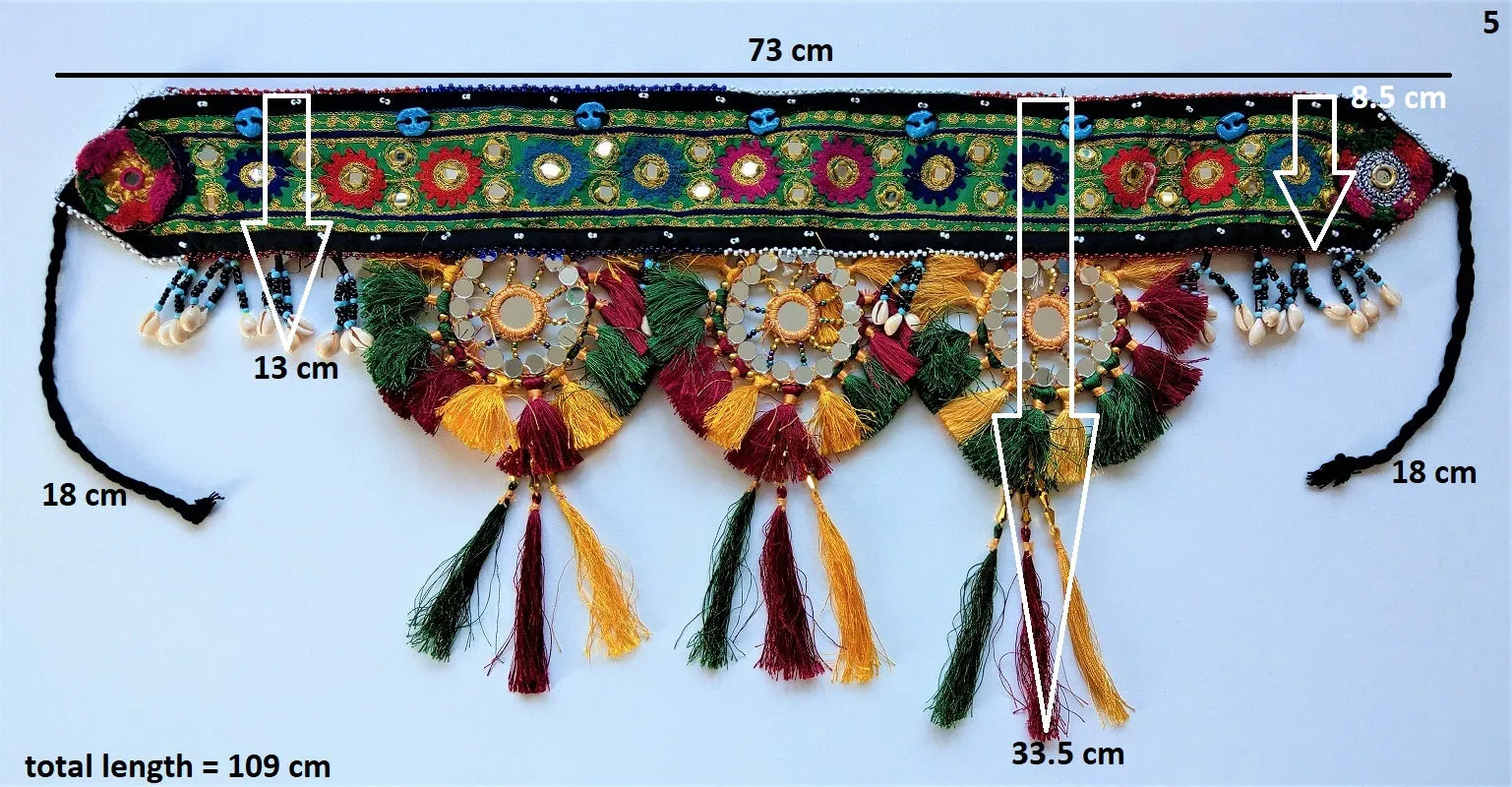 Embroidered Kuchi tassel belt with natural cowrie shells, colorful sun medallions and tribal tassels