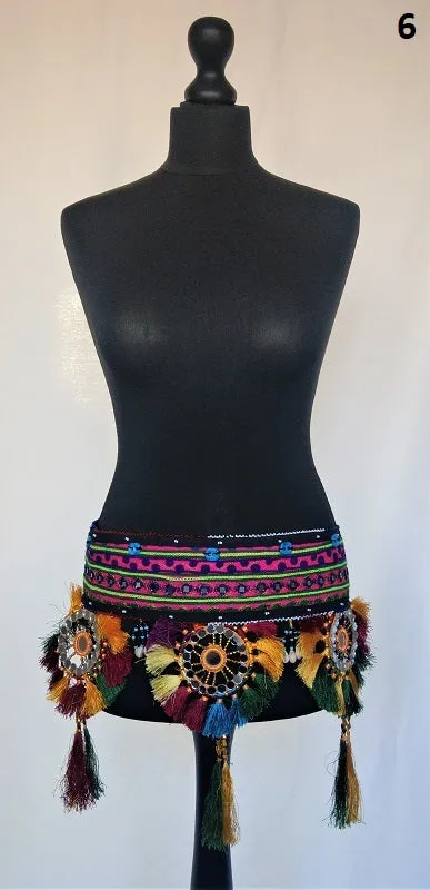 Embroidered Kuchi tassel belt with natural cowrie shells, colorful sun medallions and tribal tassels