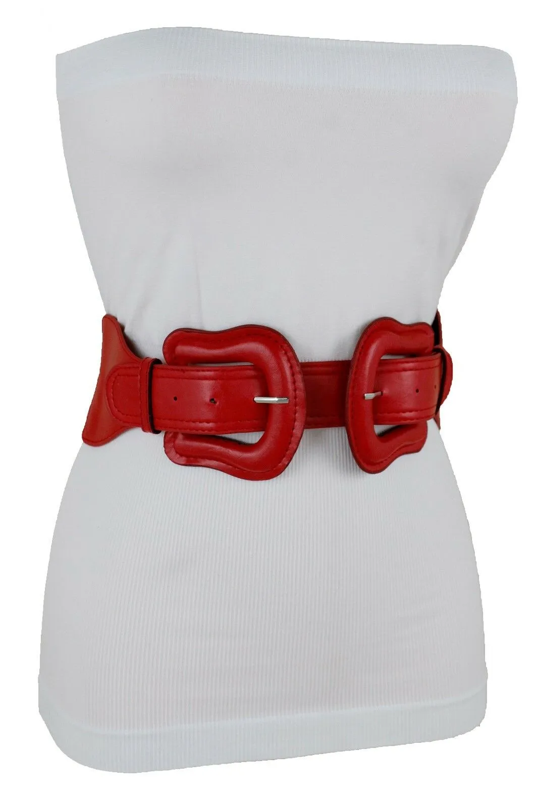 Faux Leather Double Buckle Elastic Waist Belt M L