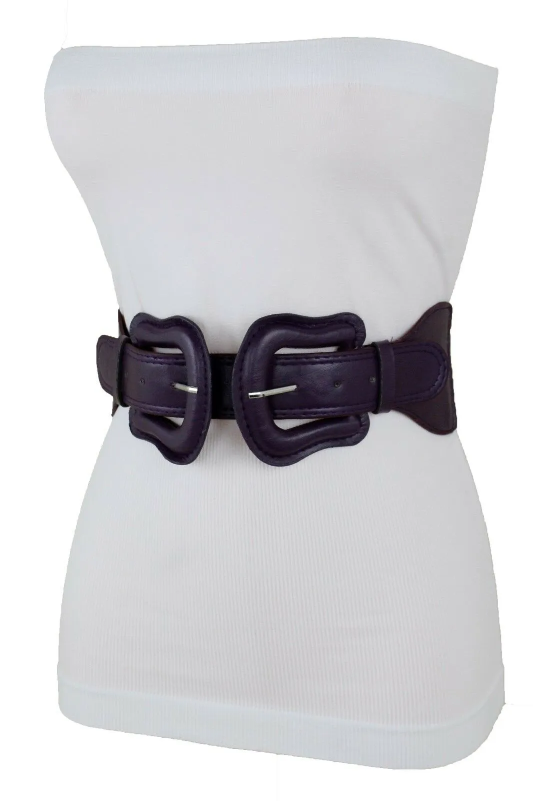 Faux Leather Double Buckle Elastic Waist Belt M L