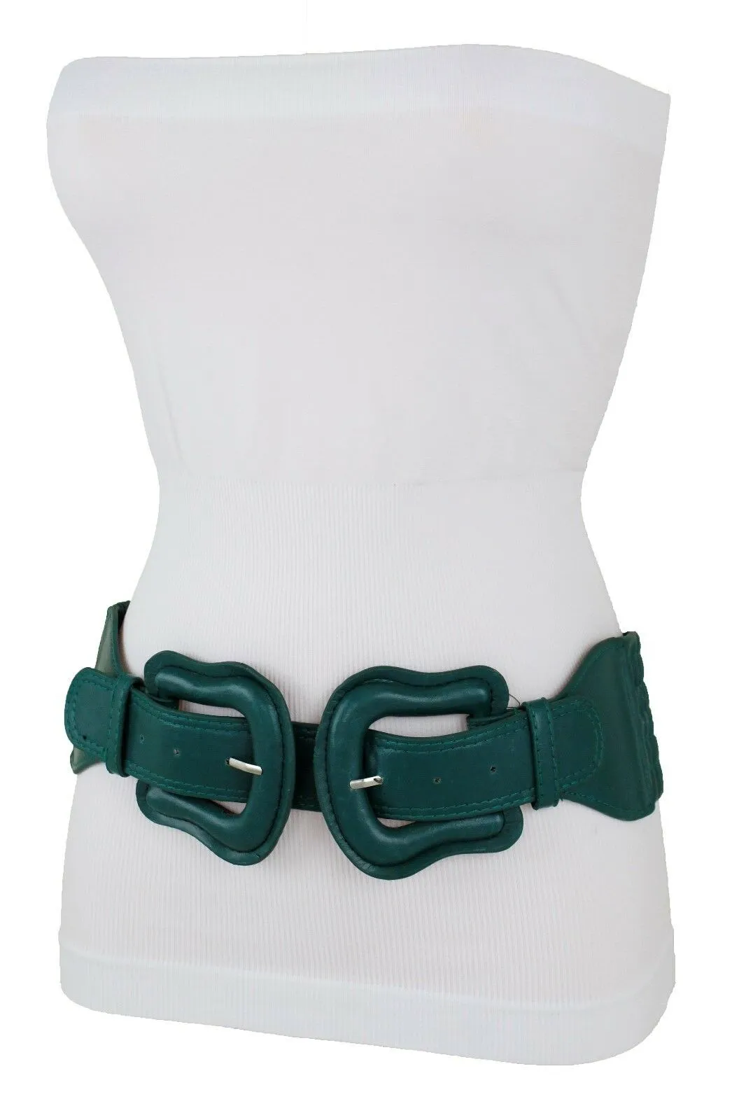 Faux Leather Double Buckle Elastic Waist Belt M L