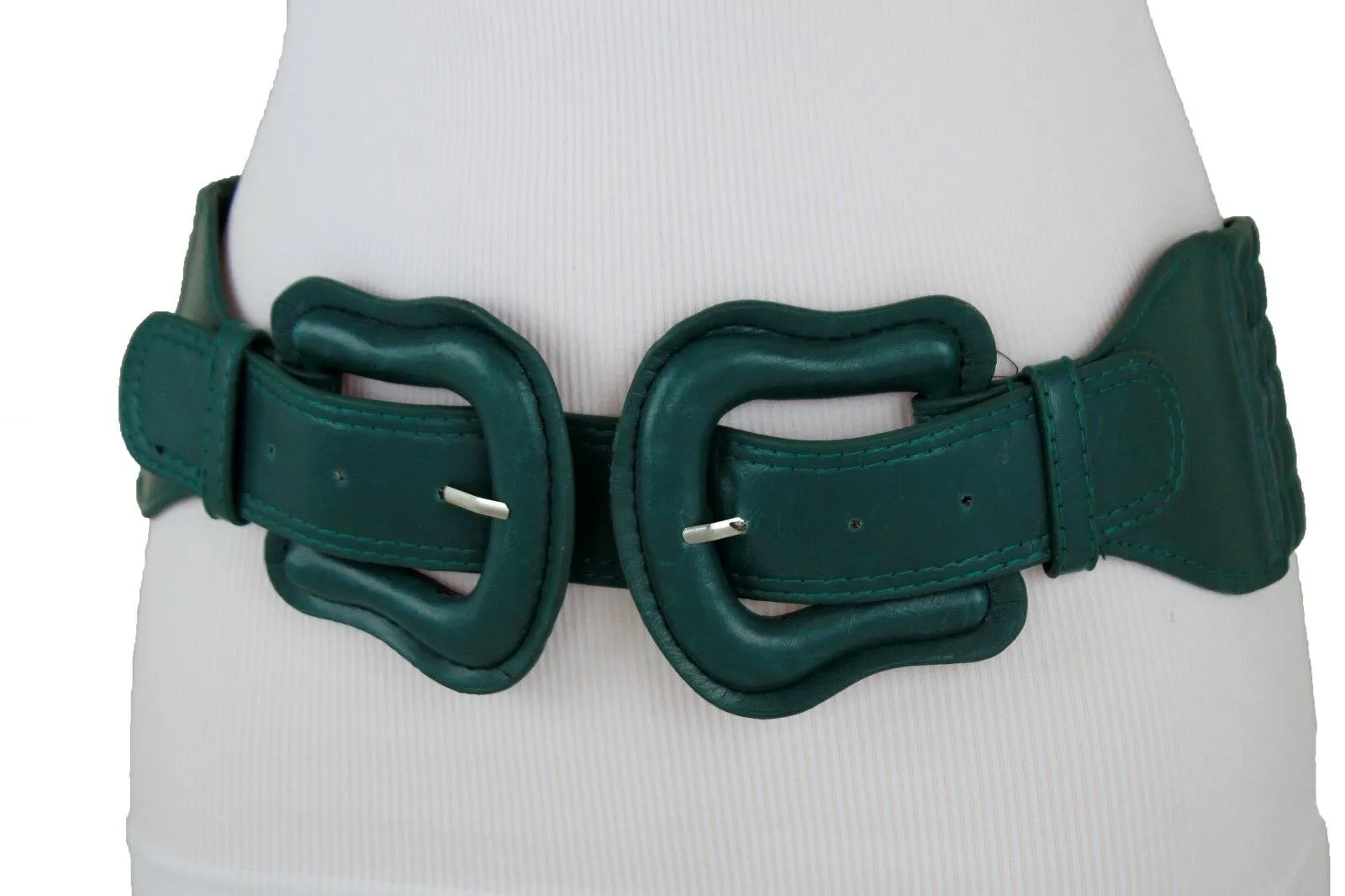 Faux Leather Double Buckle Elastic Waist Belt M L