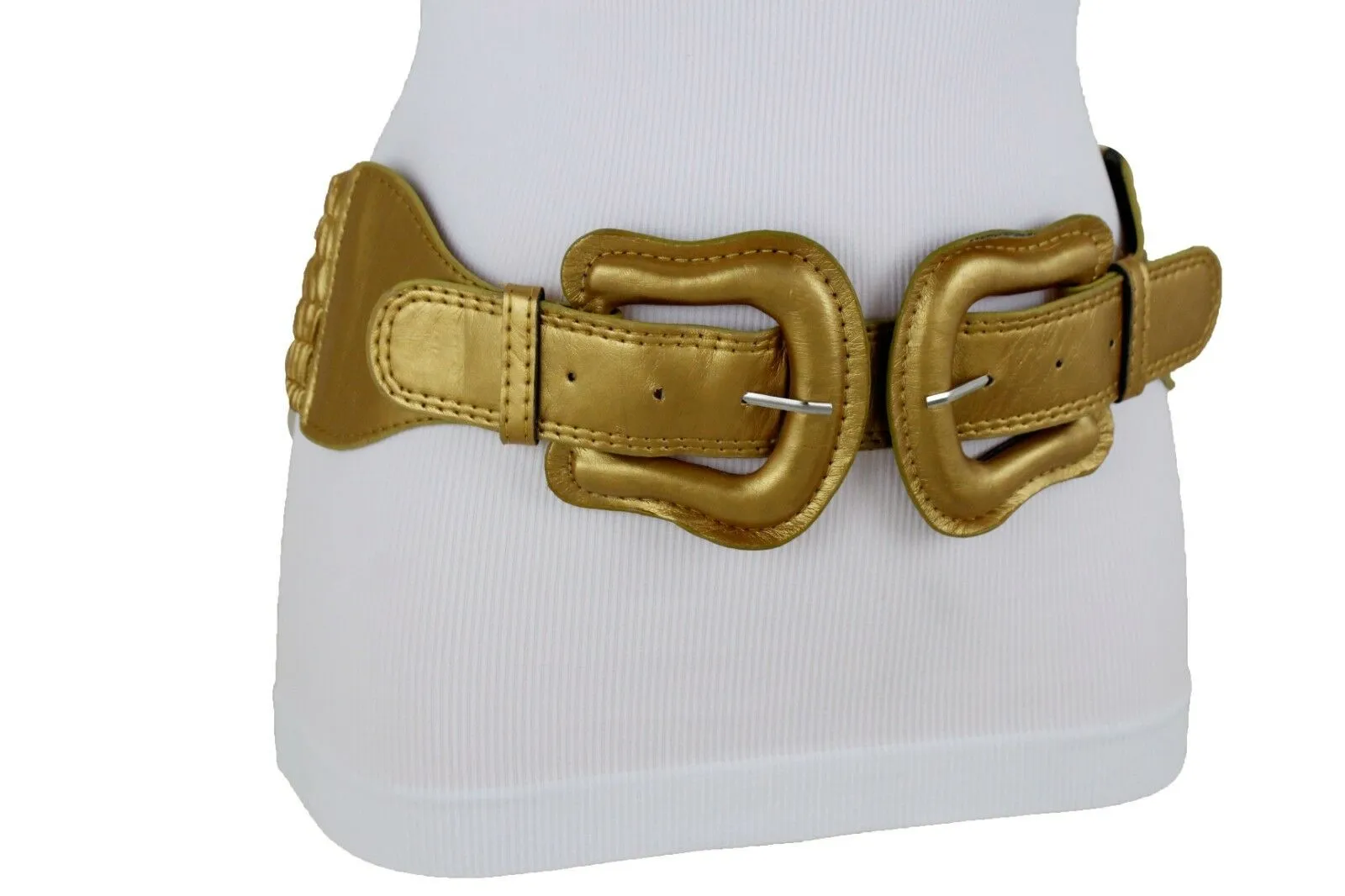 Faux Leather Double Buckle Elastic Waist Belt M L