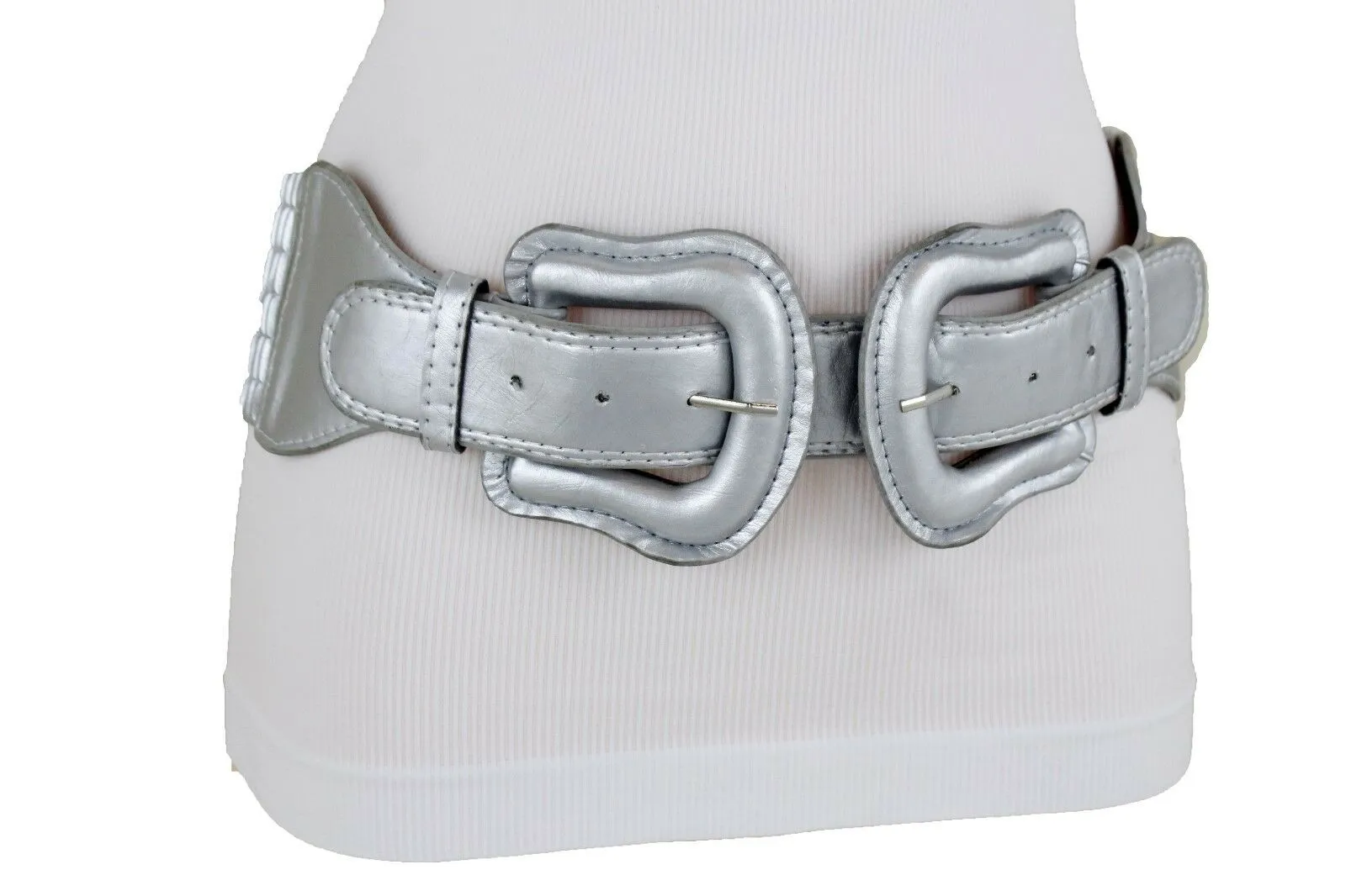 Faux Leather Double Buckle Elastic Waist Belt M L