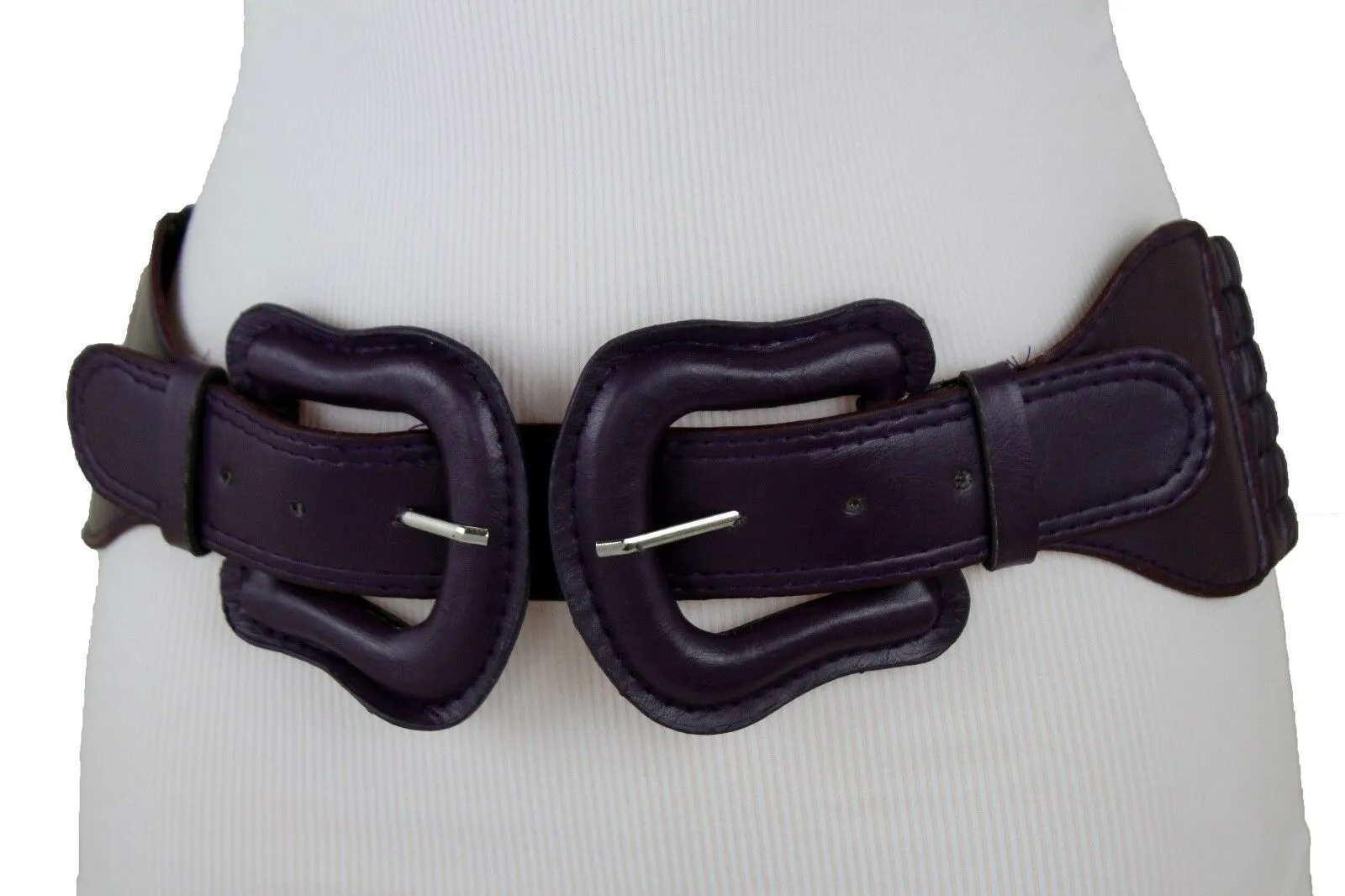 Faux Leather Double Buckle Elastic Waist Belt M L