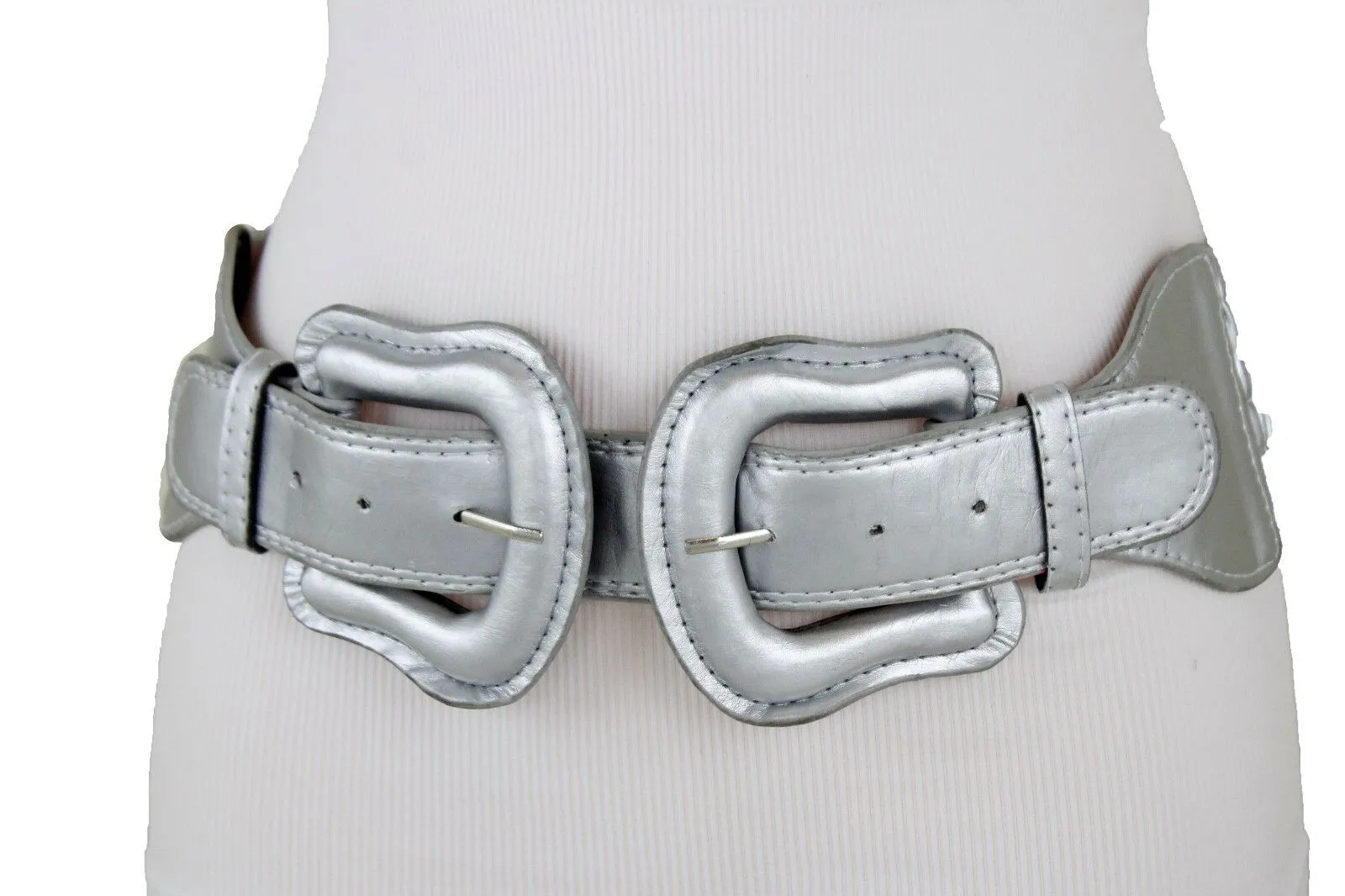 Faux Leather Double Buckle Elastic Waist Belt M L